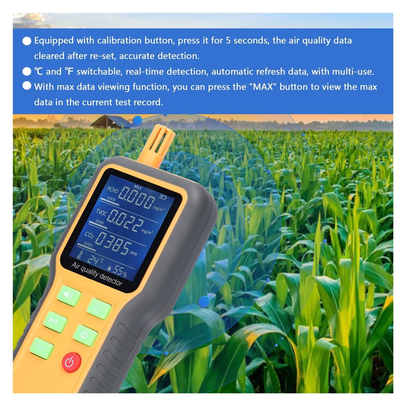 Misuratore Qualità dell'aria, 5 In 1 Monitor portatile a qualità 'aria CO2 TVOC HCHO Tester Misuratore di umidità a temperatura Display LCD retroilluminato Rilevatore di anidride carbonica per Casa Cu
