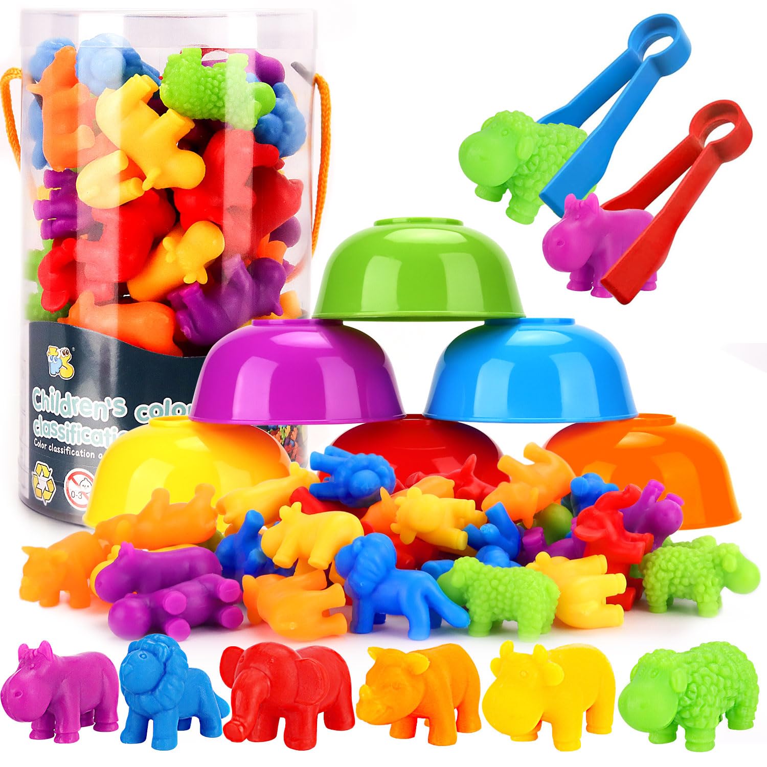 juguete Educativo de Animales 45 piezas, Juego Clasificación Montessori, Juguetes Contar de Colores Para Niños, Kit de Herramienta didáctica Goma Suave con Pinzas y Tazones, Regalos para 3+ niños