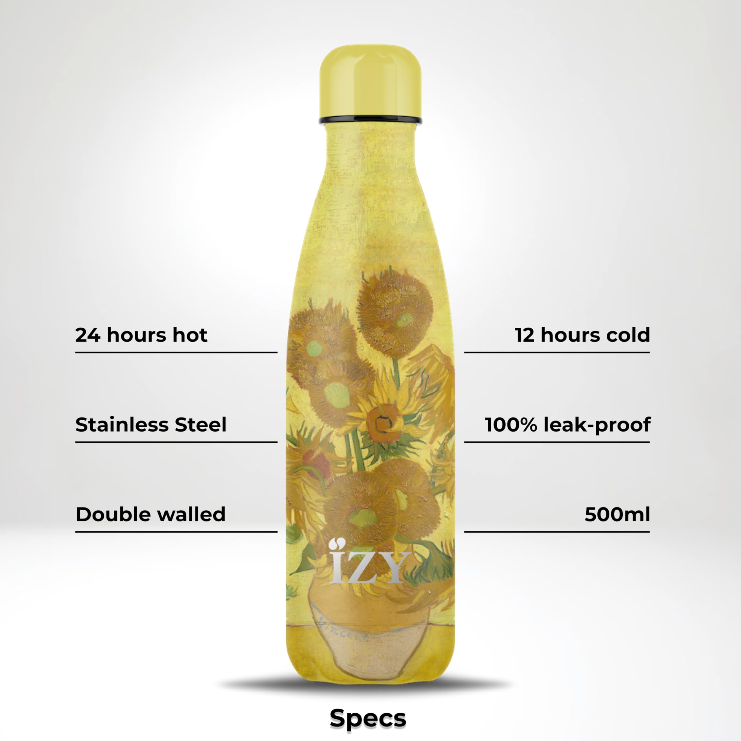 IZY Borraccia x Art - Borraccia in acciaio inossidabile - Borraccia termica 500 ml - Borraccia termica a doppia parete per gli spostamenti - Senza BPA (Girasoli)