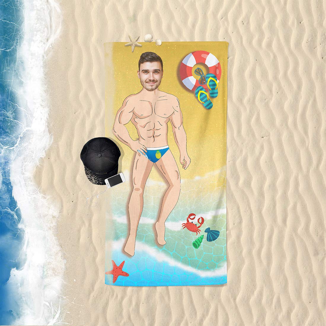 Personalized Beach Towels for Women Men Girls Boys Adults. Custom Beach Towel with Funny Selfie Photo, Bikini Mermaid Hot Girl, 6 Pack Fat Men, Best Idea Summer (6 Pack Men, 30