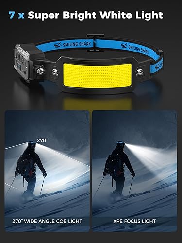 Miniatura 2 de Smiling Shark Faro delantero, 2 Pack de lámparas de cabeza LED recargable 6 modos 7* luces blancas 270  de ancho de iluminación sensor de movimiento