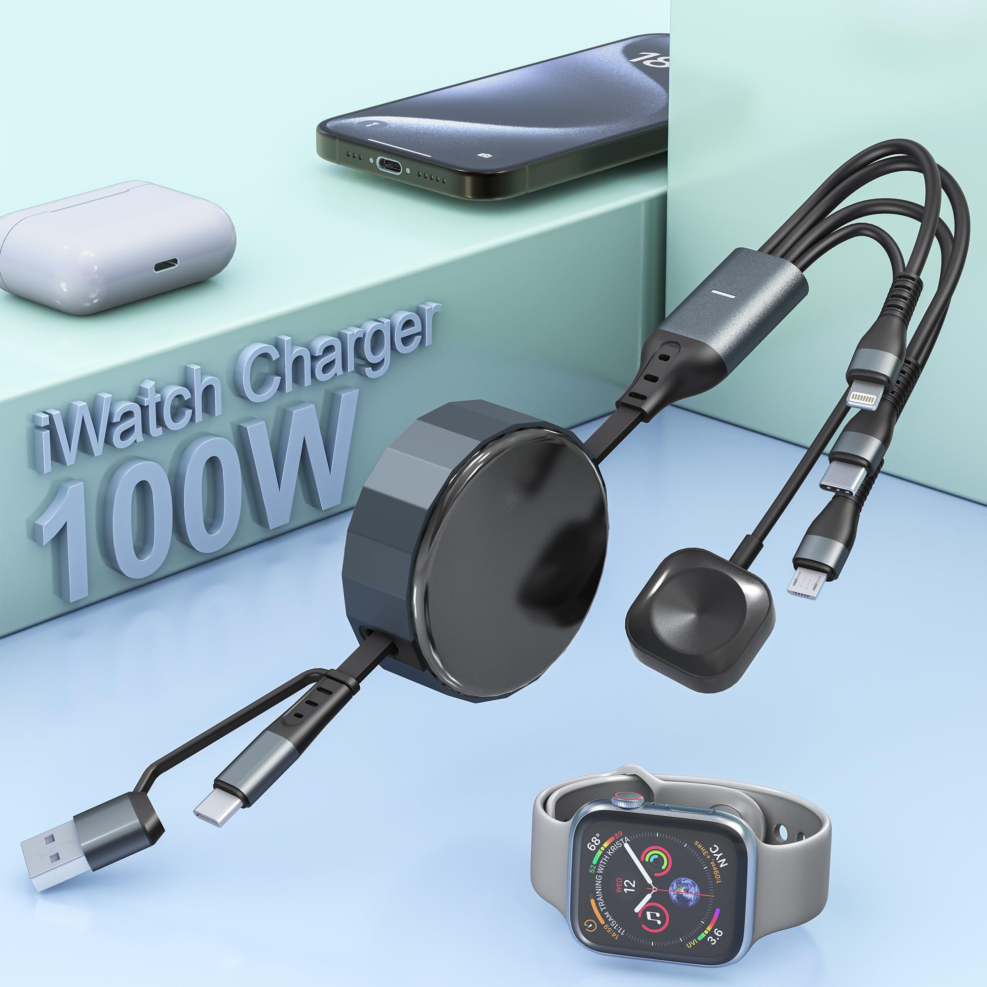 4 In 2 Multi Fast Charger For A Pple Watch, 1.8M/6FT USB A/C