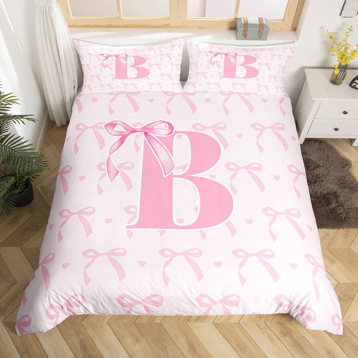 jejeloiu Cute Pink Bow Kids Bedding Set Full Size,Boys Girls Personalized Letter G Duvet Cover,Cute Coquette Bow Knot Comforter Cover,Initial Letter G Bedclothes Monogrammed Bedroom Decor,No Comforter