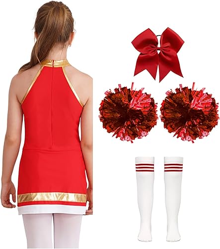 Miniatura 2 de YiZYiF Disfraz de líder de animadora de Halloween para niñas, uniforme de animación, vestido de baile de gimnasia con pompones, medias y corbata