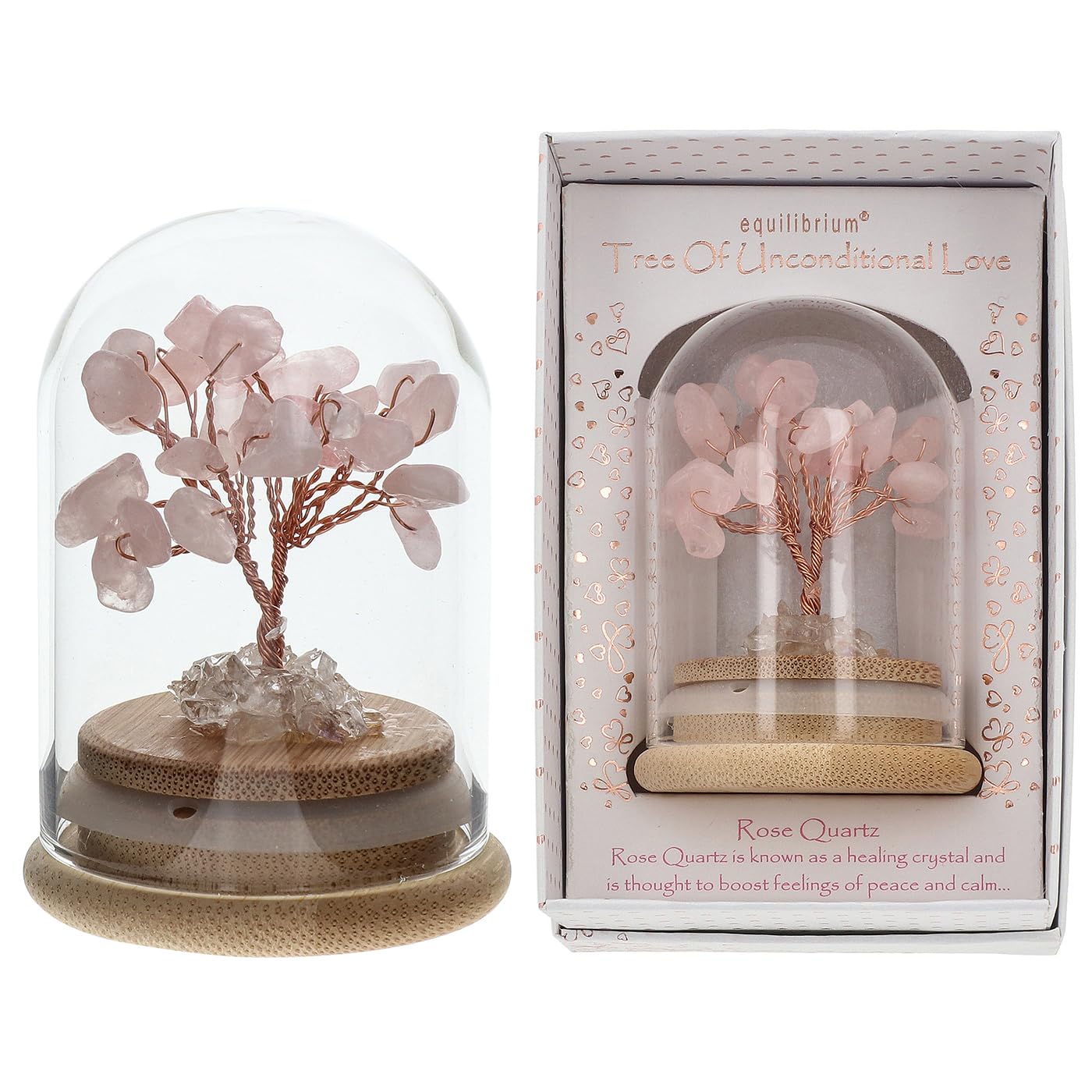 Equilibrium Rose Quartz Chakra Tree In Glass Dome Crystal Gemstone Bonsai Tree With Wooden Base Mixed 7 Chakras Amethyst Citrine Aventurine Lapis Lazuli Strawberry Quartz (Rose Quartz)