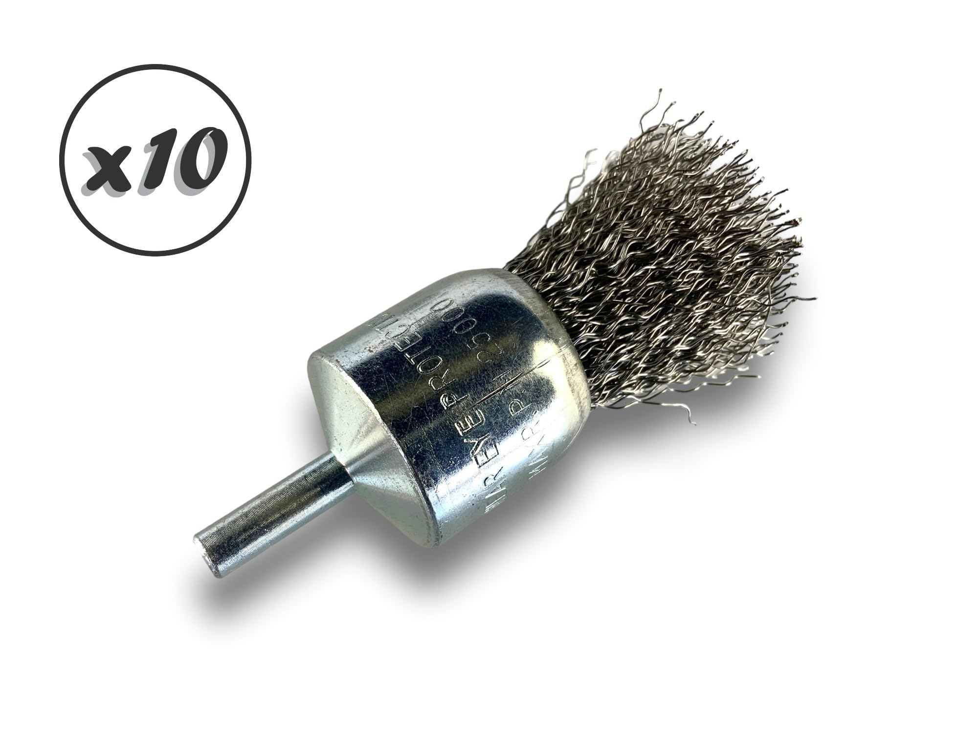 Juego de 10 cepillos giratorios metálicos en punta Ø 28 mm | Forma de pincel sobre varilla Ø 6 mm | Alambre inoxidable Ø 0,30 mm duro | Para taladro o destornillador de mandril | Cepillado y decapado