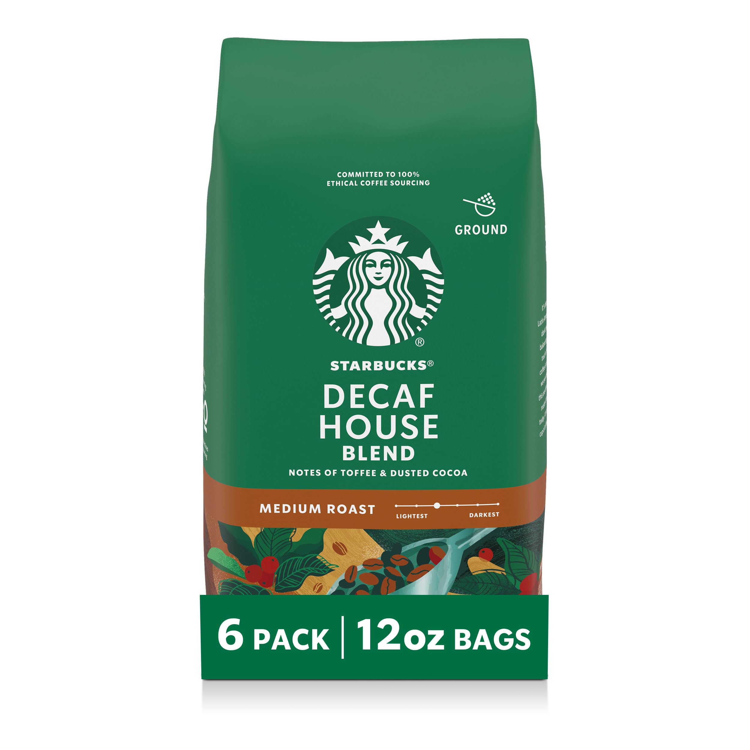 Starbucks Ground Coffee - Medium Roast Coffee - Decaf House Blend - 100% Arabica - 6 bag (12 oz each)