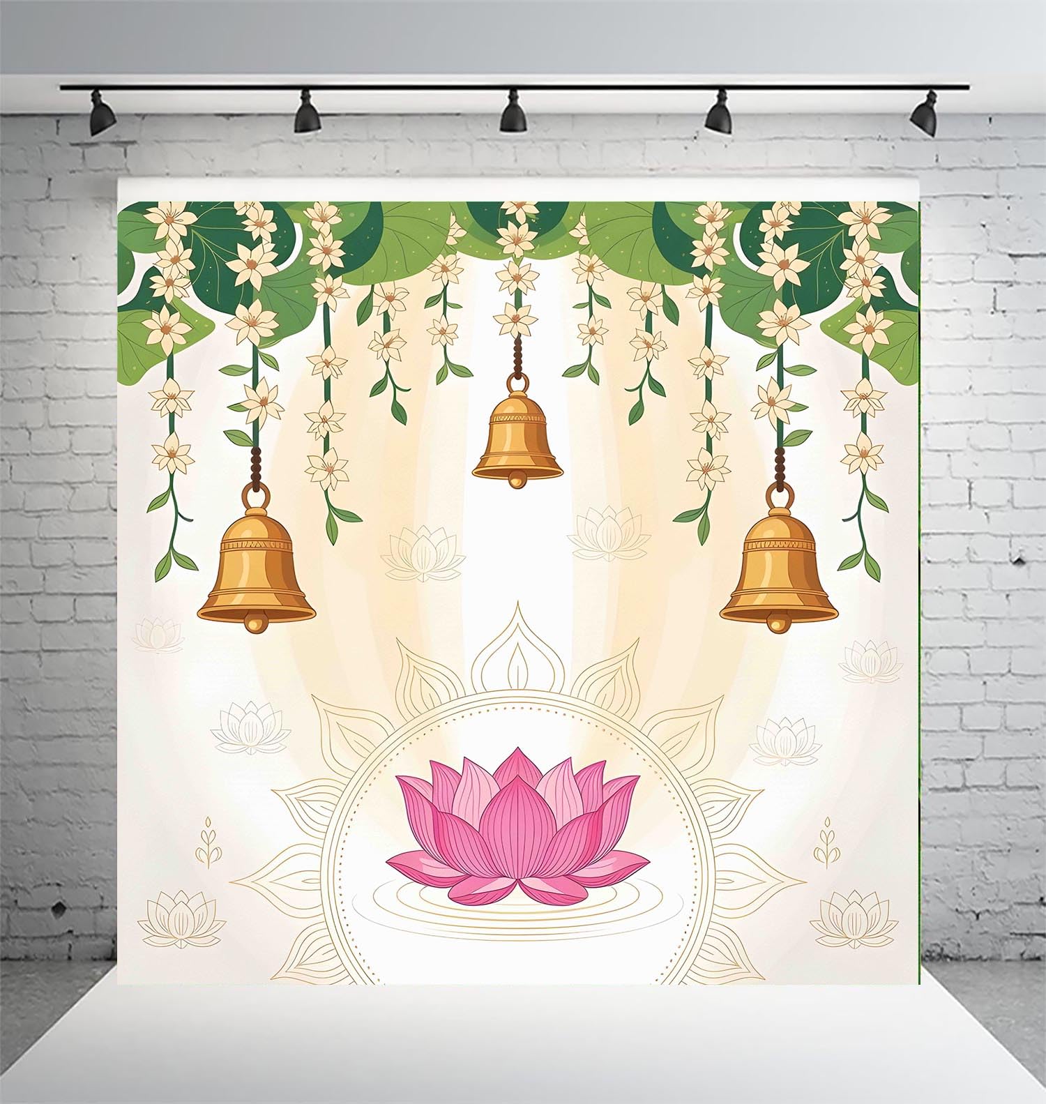 UL Pink Lotus with Temple Bells Backdrop Cloth 8x8 ft – HD Printed Polyester Pooja Mandap Decoration Background with Curtain Rod Loop | Washable Festival & Temple Backdrop-image-38