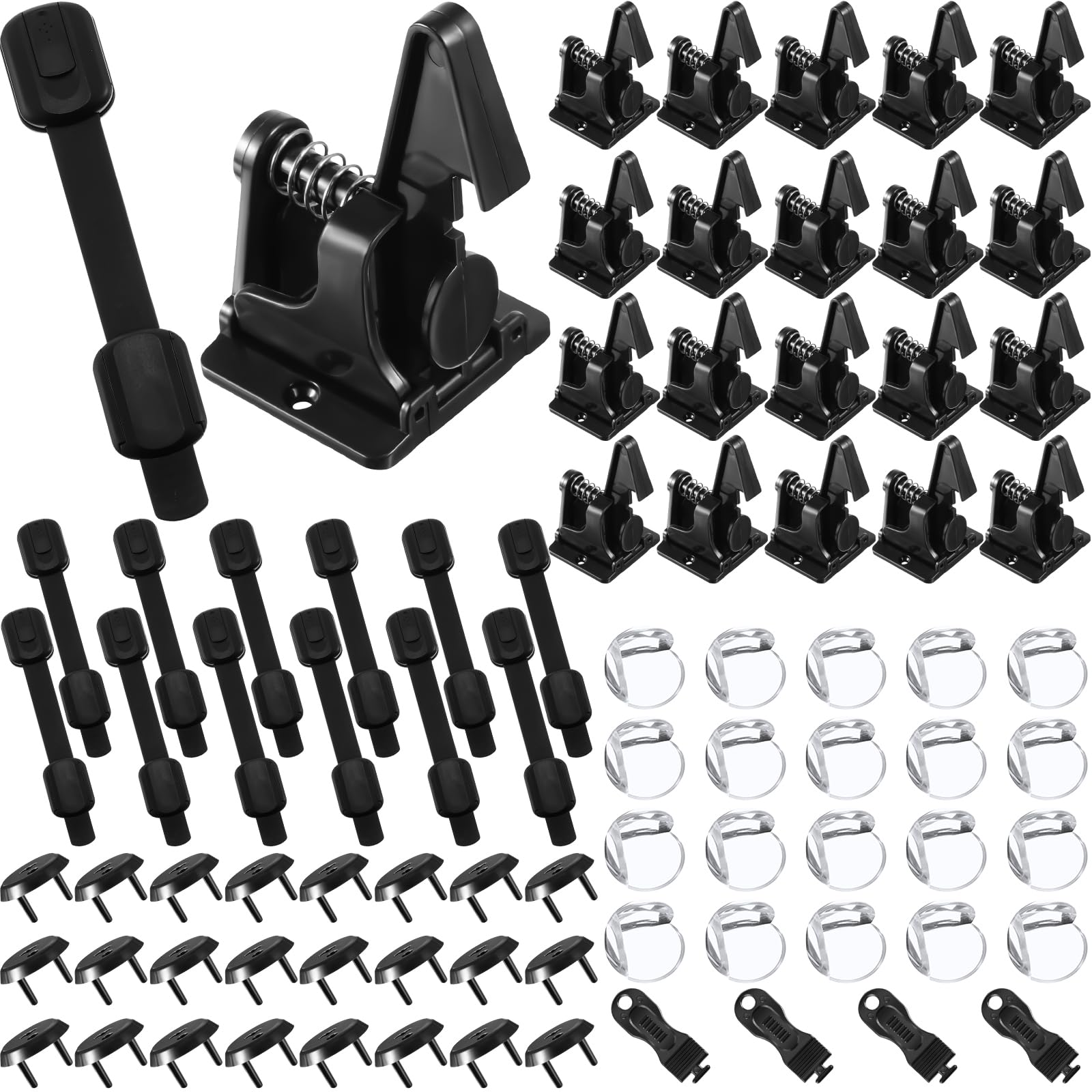 Qunclay 88 Pieces Baby Proofing Kit Includes 20 Child Safety Cabinet Locks 20 Adjustable Safety Latches 20 Clear Corner Guards and 24 Outlet Covers with 4 Keys to Keep Your Kids Safe at Home (Black)