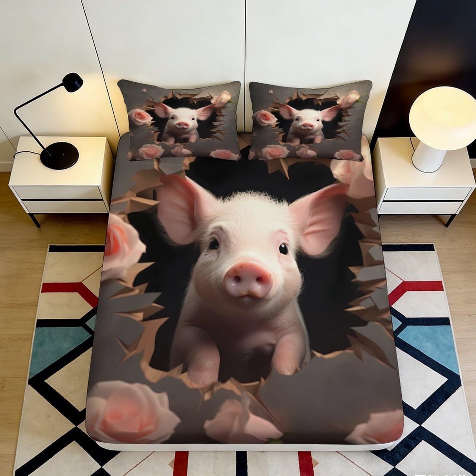 Pnayamiorkfel Style-1 3D Printed Cute Pig Fitted Sheet Microfiber Soft Decorative Cartoon Rose Bed Cover For Bedroom Guest Room Mattress Protection 90X200x25cm