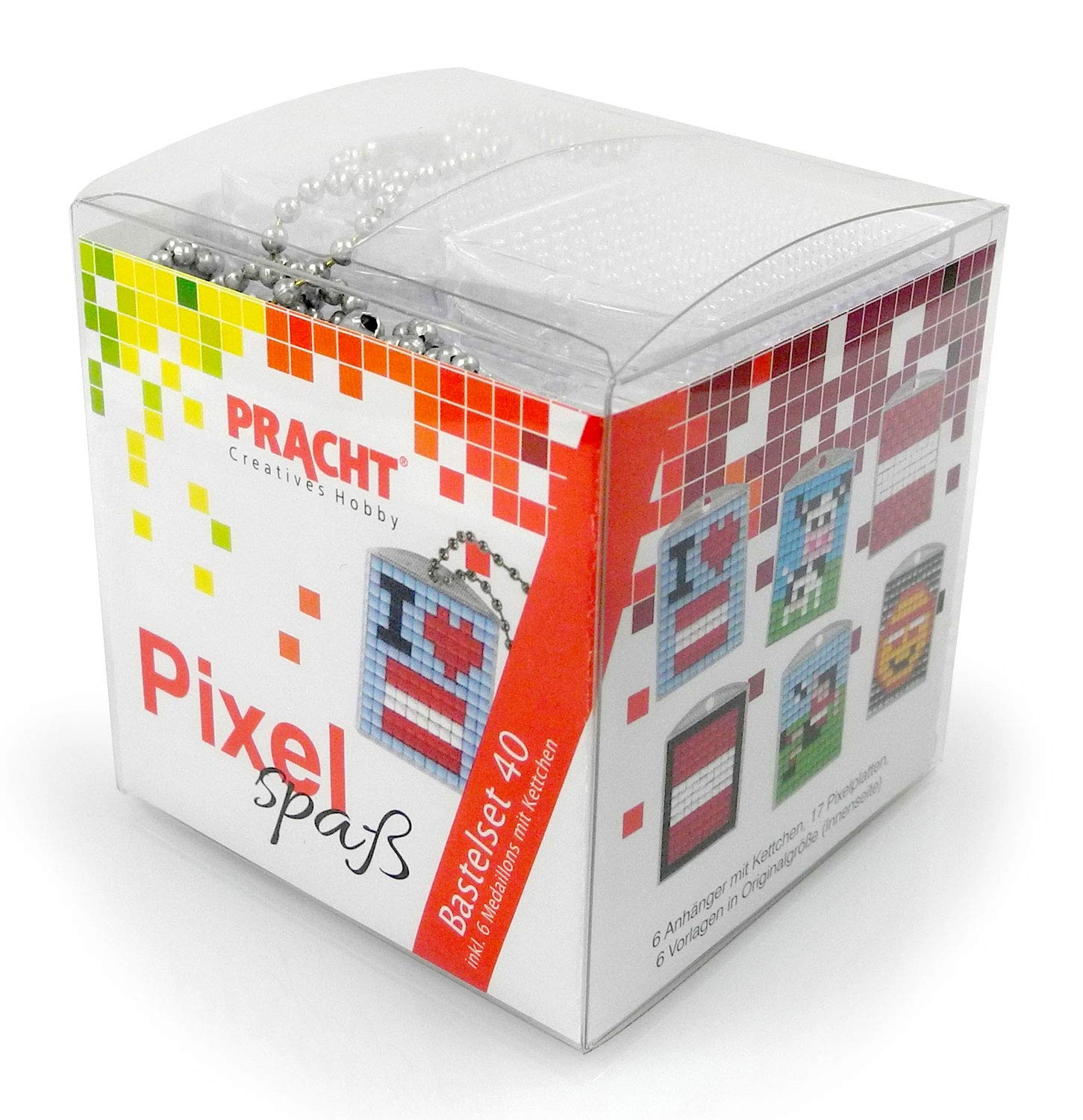 Pracht Creatives Hobby Pixel P90078-63501 Fun Craft Set 40 for Children 6 Keyrings (Lockets) Easy Plug-In System without Ironing or Gluing, Organic Plastic Stones