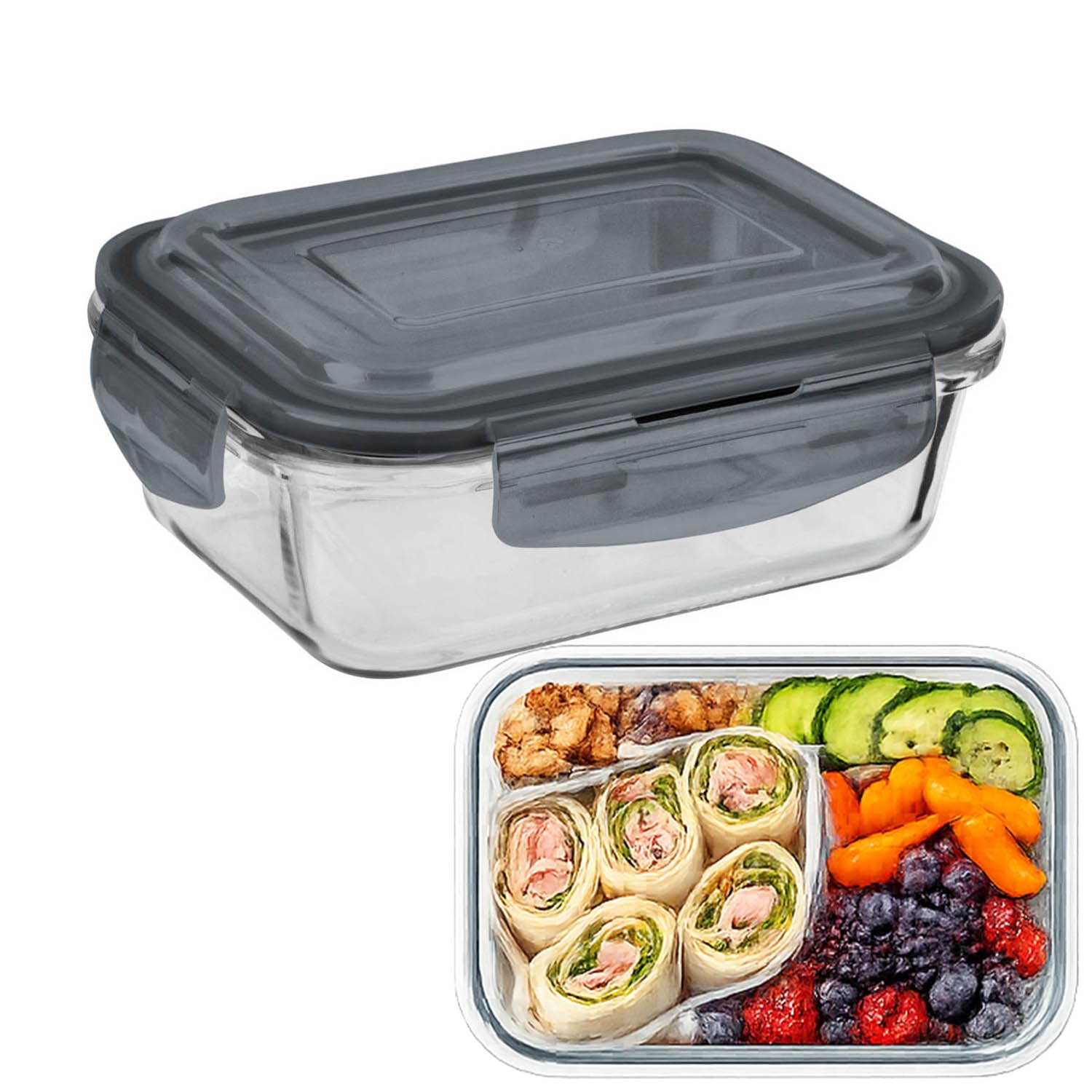 Unique Home Living Clear Uhl Glass Meal Prep Containers With Lids, 1.1 Litre Glass Food Storage Container, Leak-Proof Airtight Plastic Lid, Bento Takeaway Lunch Boxes, Microwave / Oven / Freezer / Dishwasher Safe