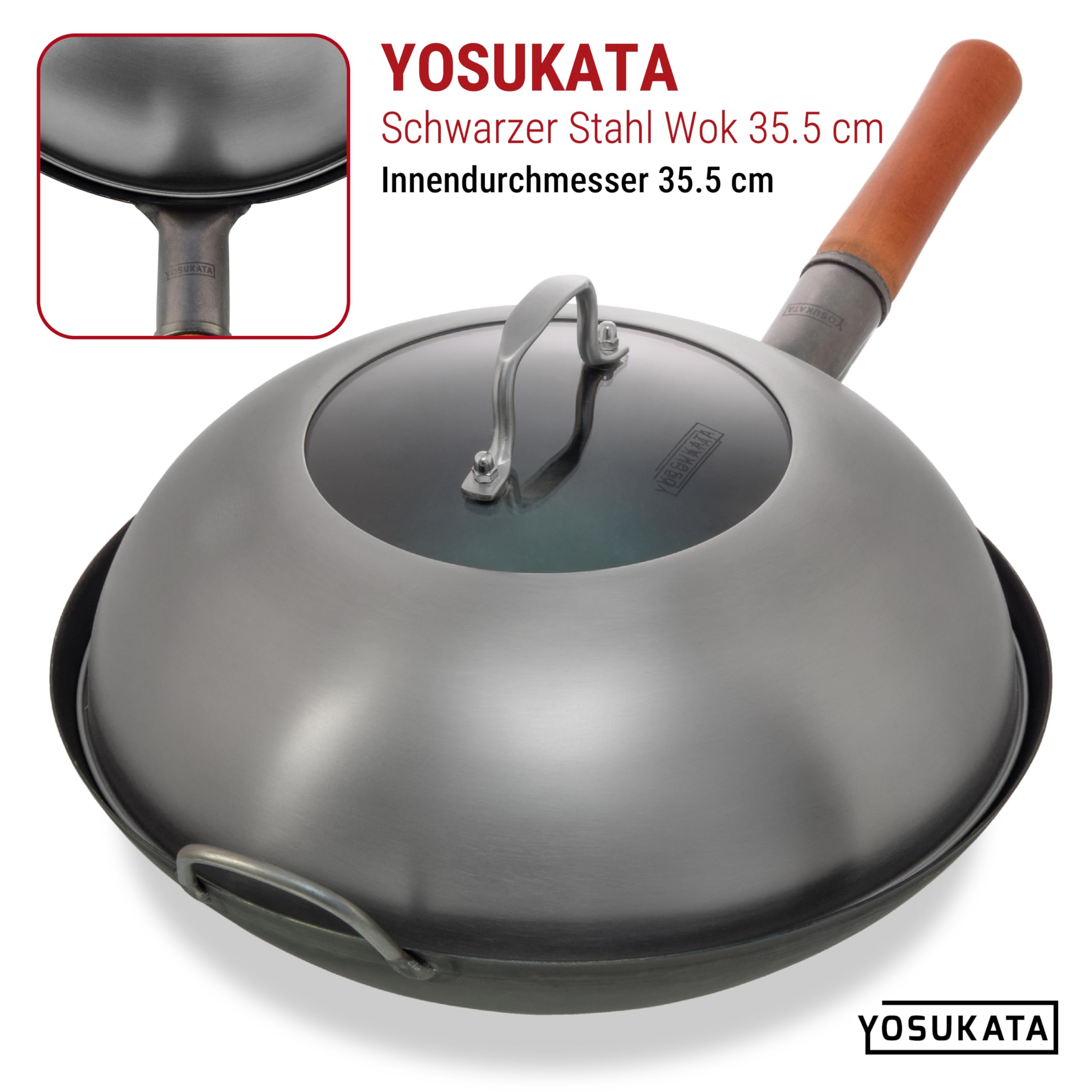 YOSUKATA Wok-Deckel 34,5 cm -Wokdeckel mit Gehärtetem Glas und Dampflöchern | Abdeckung für 36 cm Wokpfanne - Grill- und Käse-Schmelzkuppell - 304 Edelstahl Wok-Zubehör Spülmaschinenfest