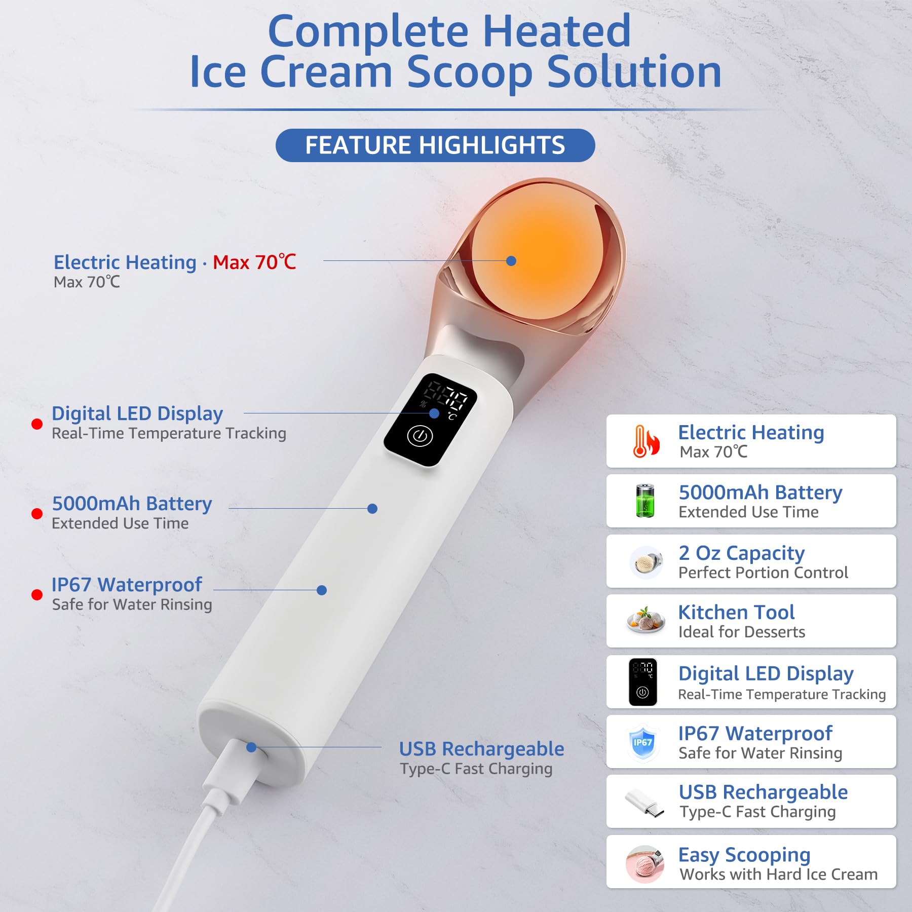Cuillère à glace électrique chauffante, en acier inoxydable, cuillère à glace rechargeable, avec affichage LED, IP67