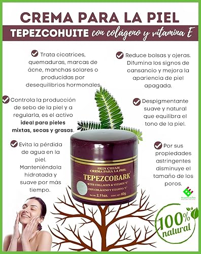 Miniatura 2 de Crema Tepezcohuite (Tepezcobark), con colágeno (colageno) y vitamina E, 2.11 onzas, 2.12oz, en E, 100% natural, ideal para todas las preocupaciones