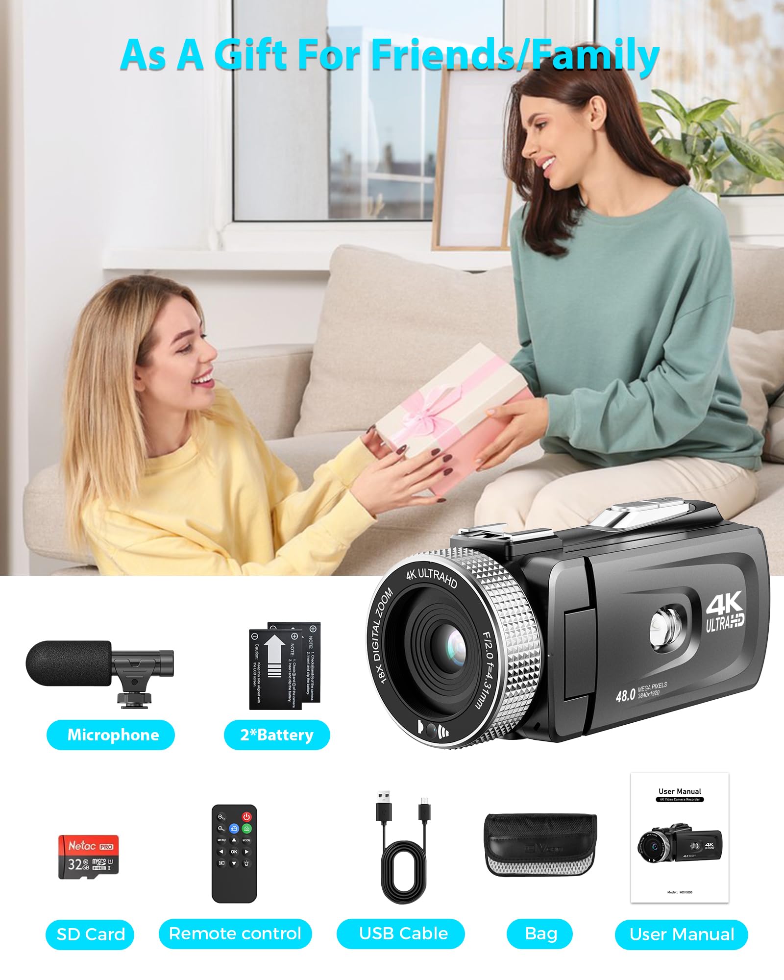 Videocámara 4K Cámara Video 48 MP, Cámara Vlog para Youtube, Zoom Digital de 18X, Pantalla IPSde 3" y 270°, Luz LED de Relleno, Cámara de Video para Micrófono, 2 Baterías, Tarjeta de 32 GB