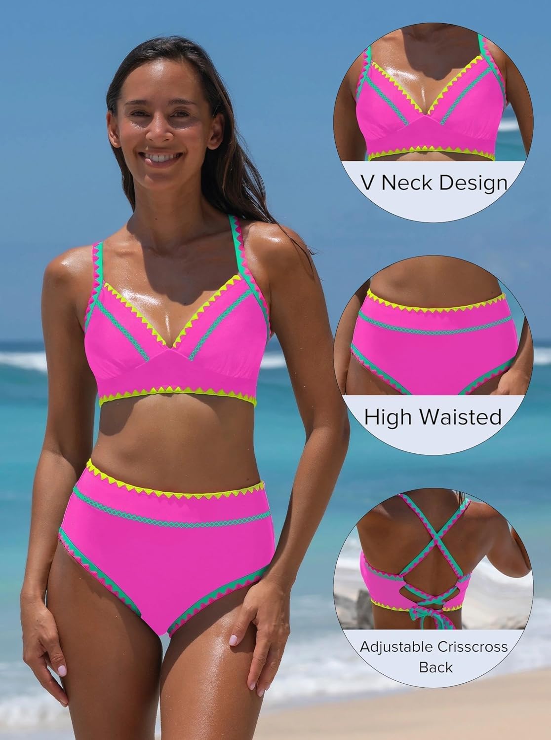 popvil High Waisted Bikini Sets for Women Tummy Control Swimsuits Neon Two Piece V Neck Drawstring Bathing Suits 2026 - Image 4