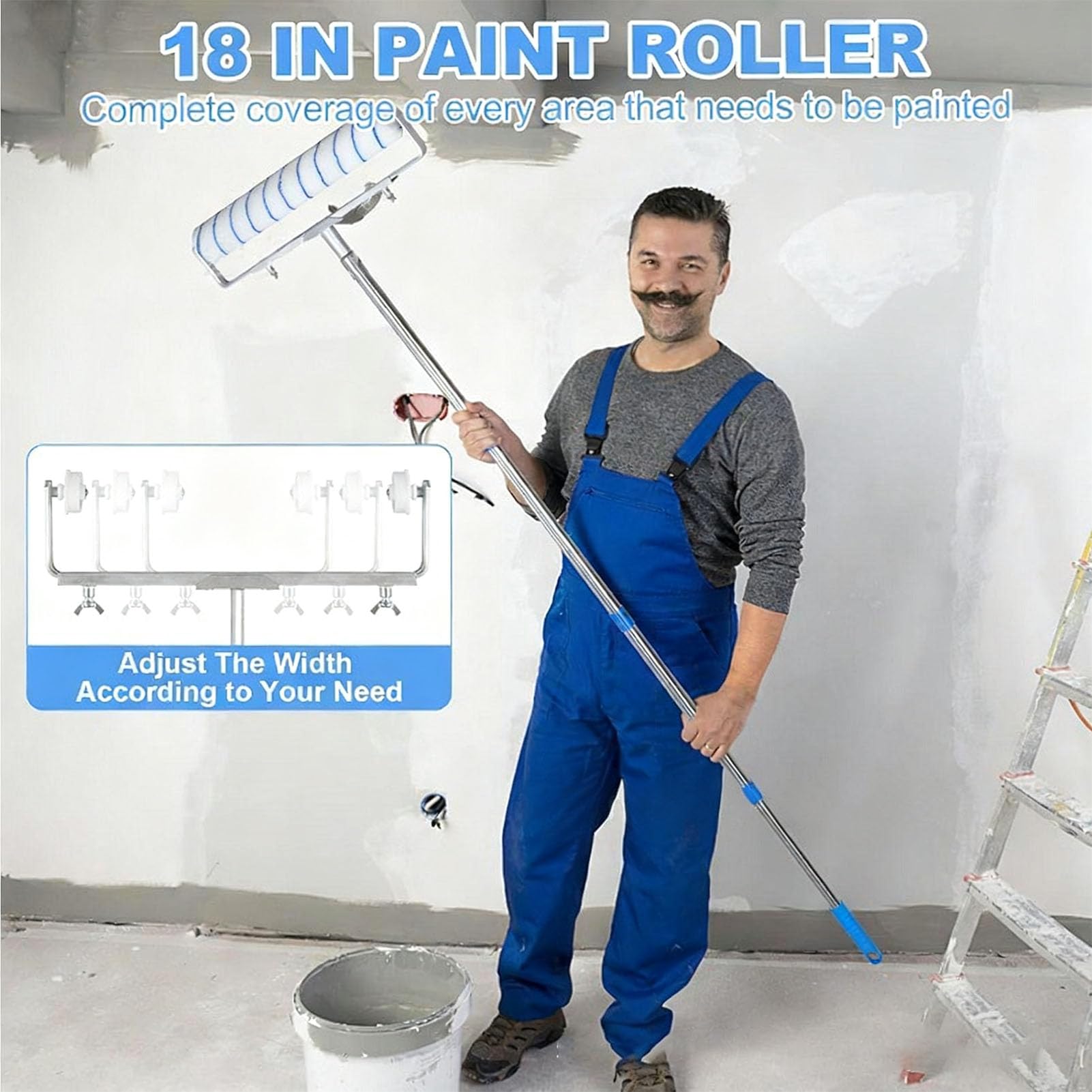 Kit de Rodillo de Pintura de 18 Pulgadas con 5 Postes de extensión, Bandeja de Pintura, Ruedas de Cubierta de Rodillo para Paredes Interiores, techos, Pintura casera DIY