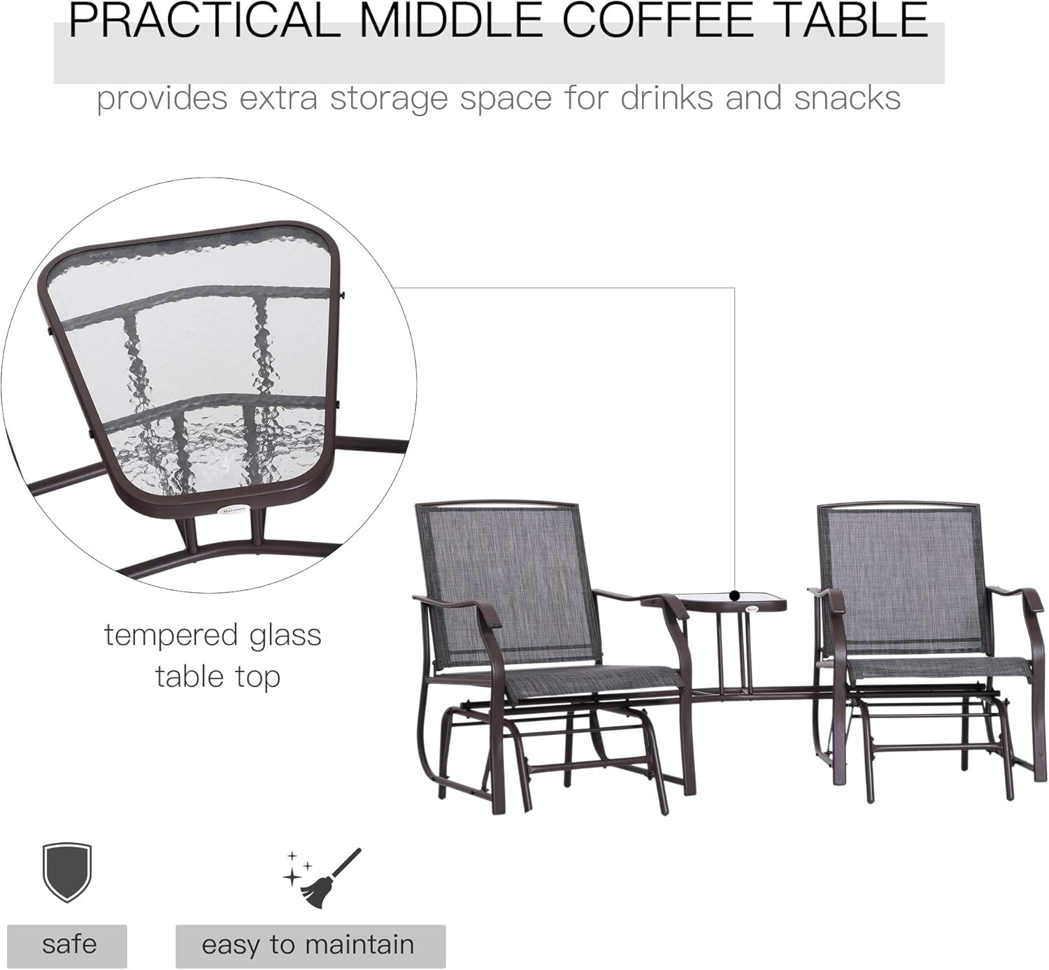 Outsunny 2 Person Outdoor Sling Fabric Double Glider Rocker Chair with Table, Grey : Patio, Lawn & Garden