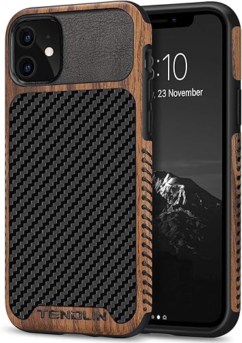 Miniatura 15 de TENDLIN Compatible con iPhone 11 Pro Max Funda de grano de madera con textura de fibra de carbono, funda híbrida de cuero negro