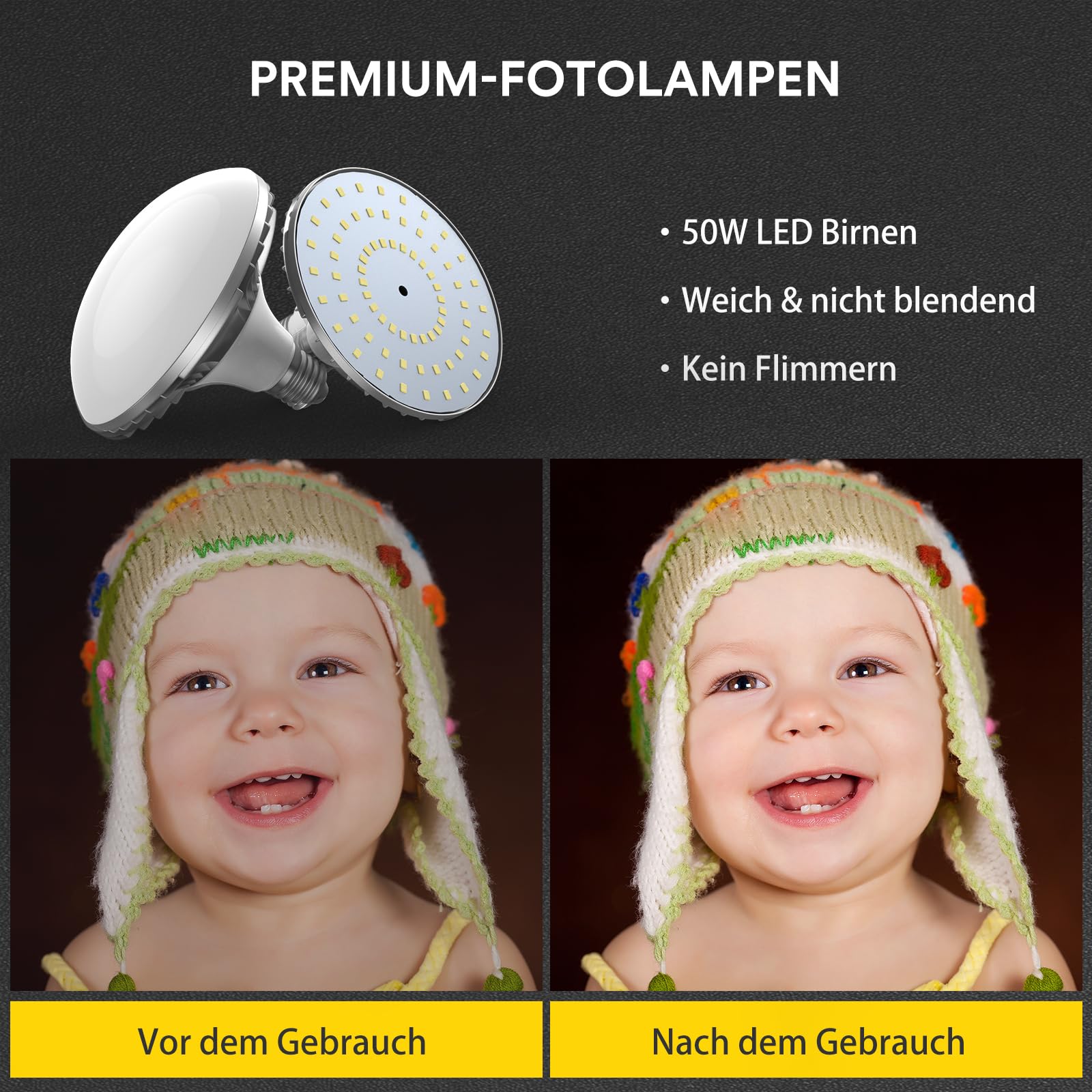 RALENO Softbox, Set da Studio Fotografico con Softbox LED, 50x50 cm Set di Luci da Studio a Luce Permanente con Attacco 50W 5500K, Adatto per Ritratti in Studio, Numero Modello: PS70