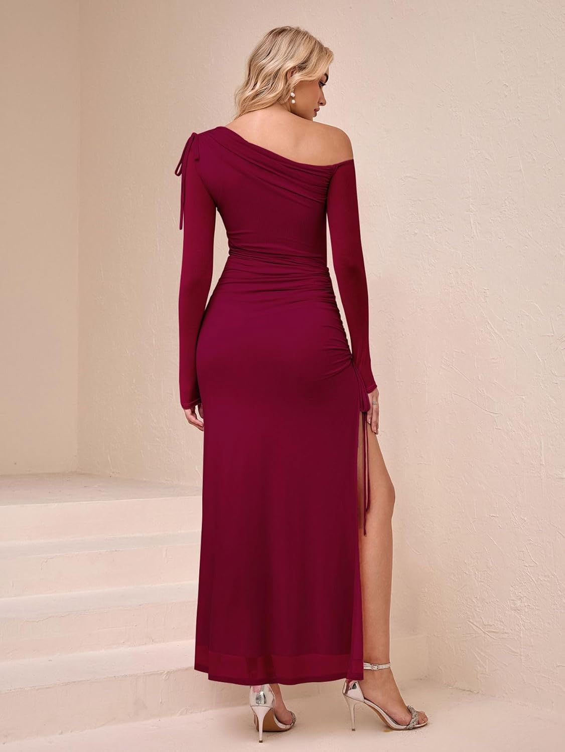KUTUMAI One Shoulder Long Sleeve Maxi Dress Split Bodycon Ruched Formal Wedding Guest Dresses for Women Fall 2025 - Image 2