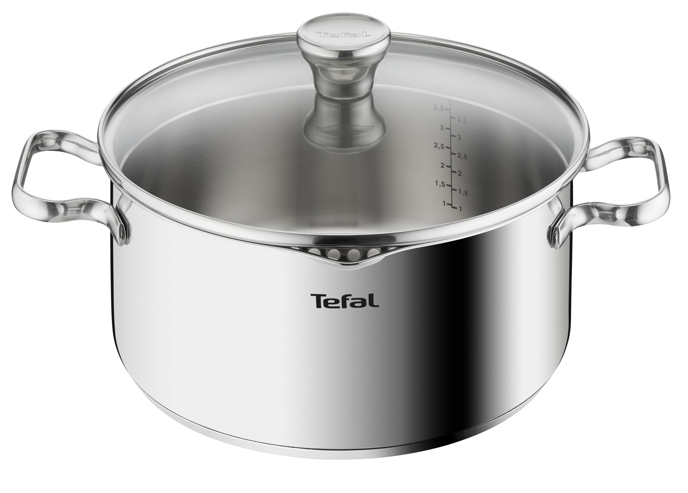 Tefal A70546 Duetto Cooking Pot 24 cm Suitable for Induction Cookers Easy to Clean in the Dishwasher Measuring Scale Glass Lid for Draining Stainless Steel
