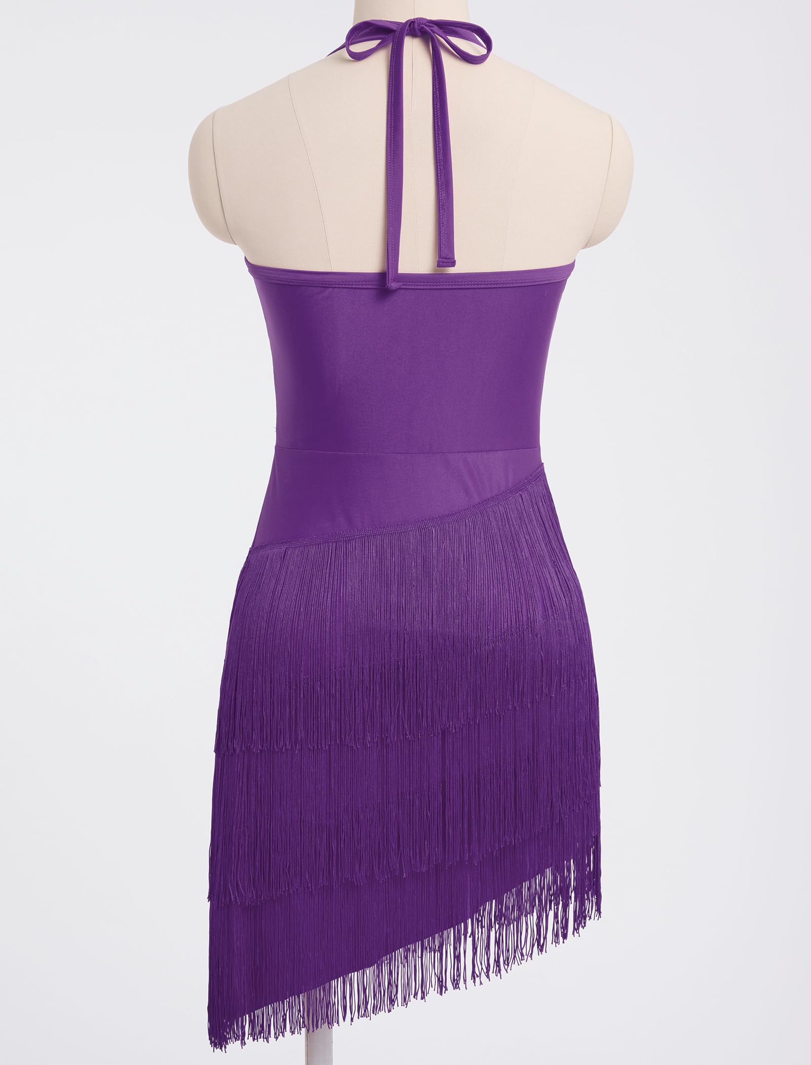 Glitzerndes Quasten-Latein-Tanzkleid für Damen, Neckholder, asymmetrisch, Fransen, Flapper-Kleid, Netzstoff, Salsa, Tango, Ballsaal, Tanzkostüm