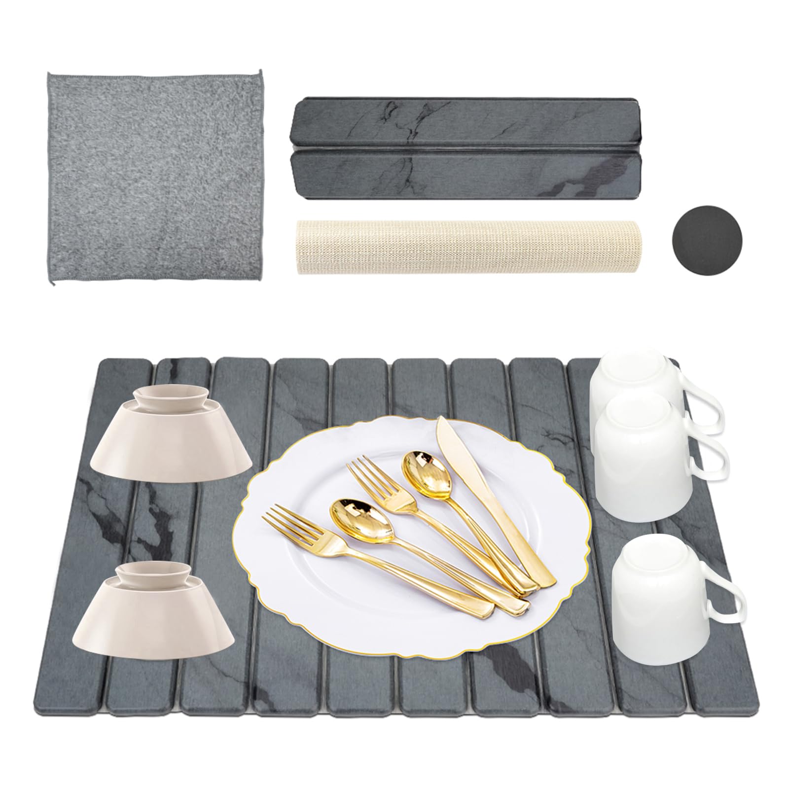 WRENYZK Large Stone Dish Drying Mat for Kitchen Counter, 24"×16" Absorbent Collapsible Quick Dry Dish Drying Pad, Diatomaceous Earth Mat for Dishes Cups Bottles Countertop Bathroom (Grey)