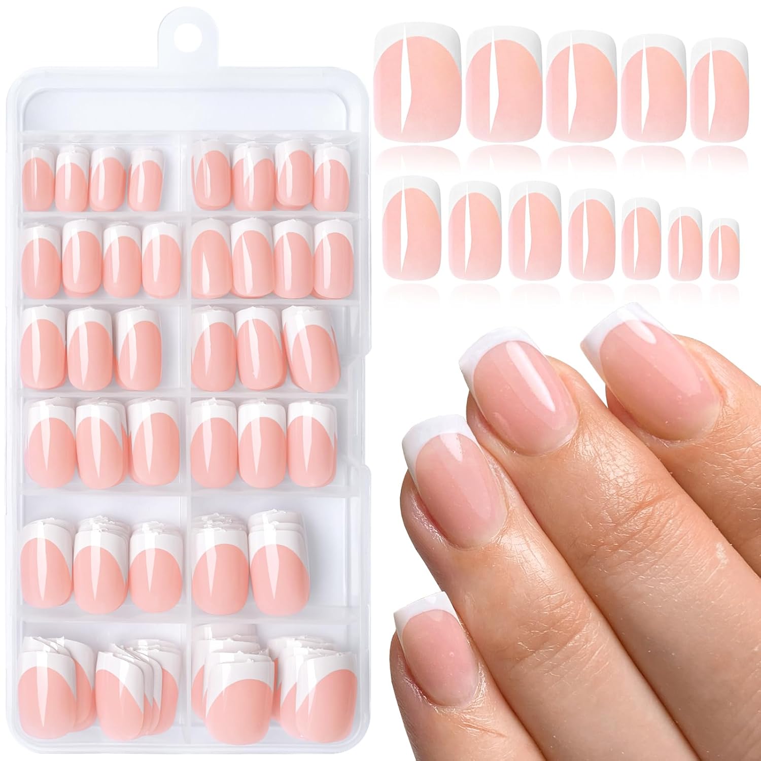 Short French Tip Press on Nails Square Fake Nails Press ons Glue Nail-M
