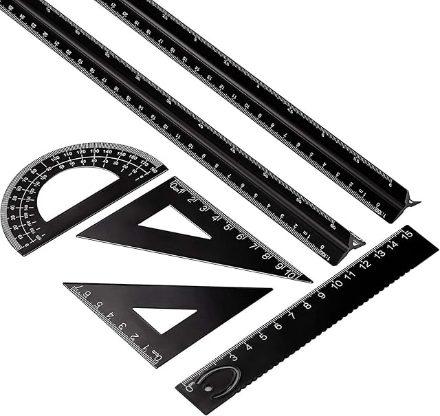 LATERN 6 Pieces Aluminum Architect Scale Ruler, 2 Pcs 12 Inch Triangular Architect Scale Ruler + 4 Pieces Triangle Ruler Square Set, for Architects, Students, Draftsman and Engineers