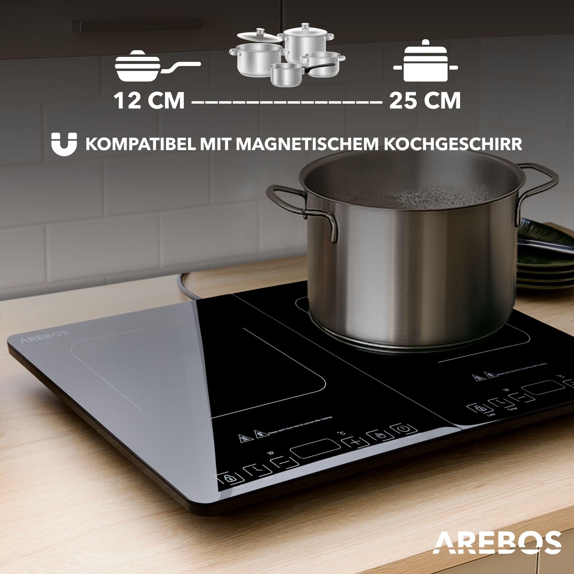 Arebos Doppel-Induktionskochplatte 3500W | 2 Kochzonen mit Touch-Display & Timer | Induktionskochfeld tragbar für Camping, Outdoor & Küche | Überhitzungsschutz | Energieeffizient