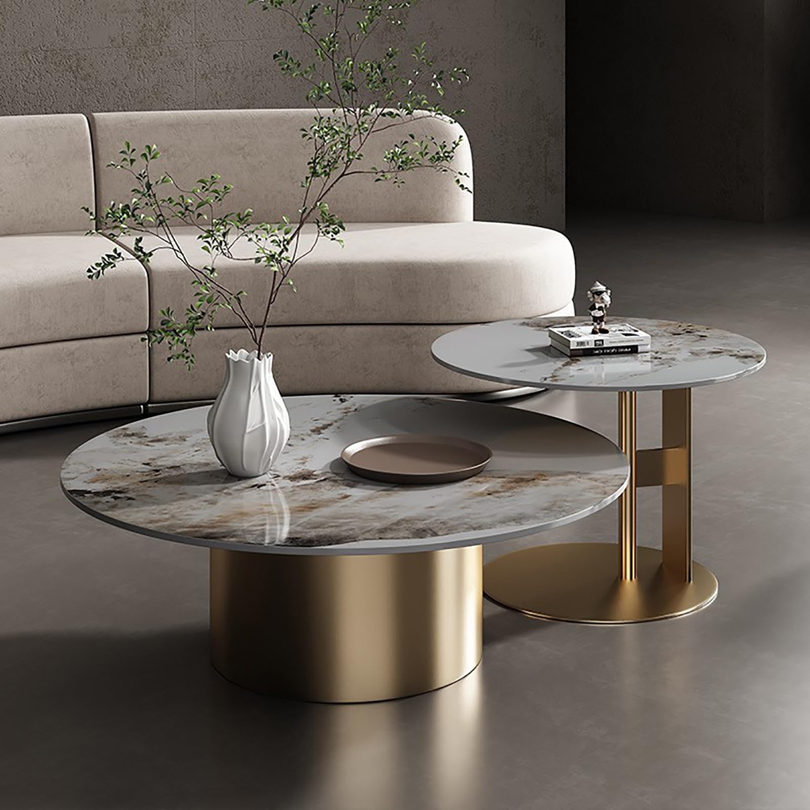 Nowoczesny marmurowy stolik kawowy, zestaw 2 okrągłych stołów z połowy wieku do salonu, stylowe stoliki końcowe z metalową podstawą, elegancki stolik centralny do recepcji