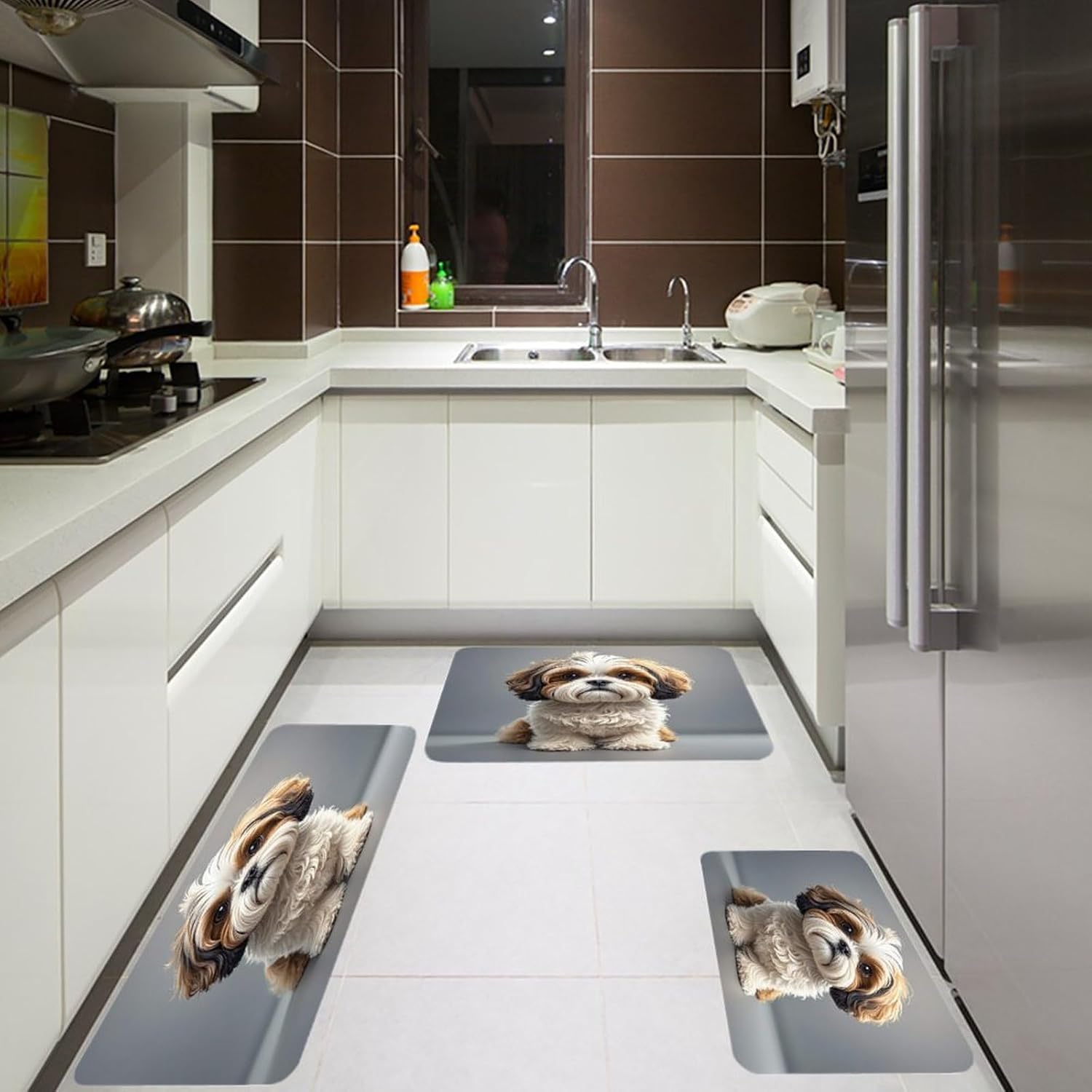 Shih Tzu Dog Kitchen Mats Soft Absorbent Rugs for Floor Non Slip Washable Kitchen Mats Fashion Rectangular Rugs for Three-Piece Set for Laundry Office Home Sink