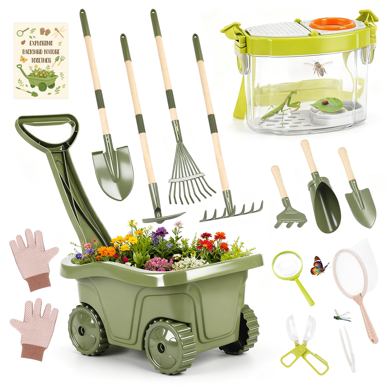 Dreamon Kids Gardening Tools & Bug Catcher Kit, 2-in-1 Outdoor Toys with Wheelbarrow and Bug House, STEM Educational Toys for 3 Year Old, Birthday Gifts Outdoor Gifts for Kids 3-5