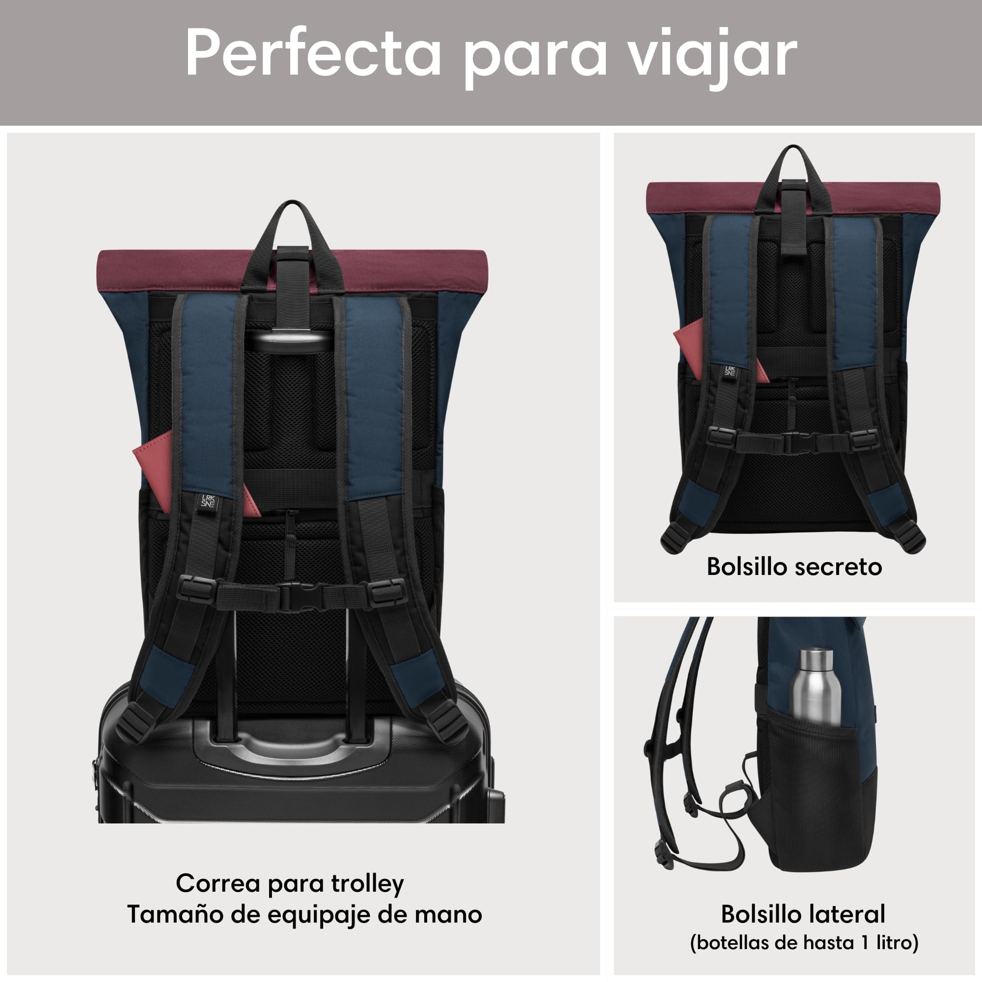 LARKSON Mochila Enrollable Hombre & Mujer - No 4 - Macuto para Viaje, Uni, Trabajo - de Botellas Pet Recicladas - Bolso para Portátil - Impermeable