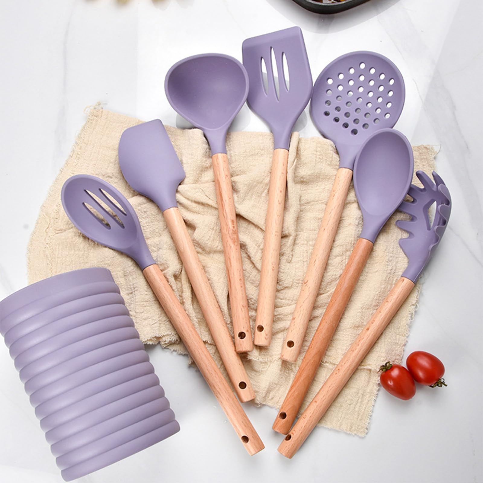 Silicone Kitchen Utensil Set,8 Pieces Cooking Kitchen Utensils Set with with Wooden Handle,Non Stick Silicone Gadgets Utensil Set with Holder,Heat Resistant Cooking Tools Set for Cooking (Purple)