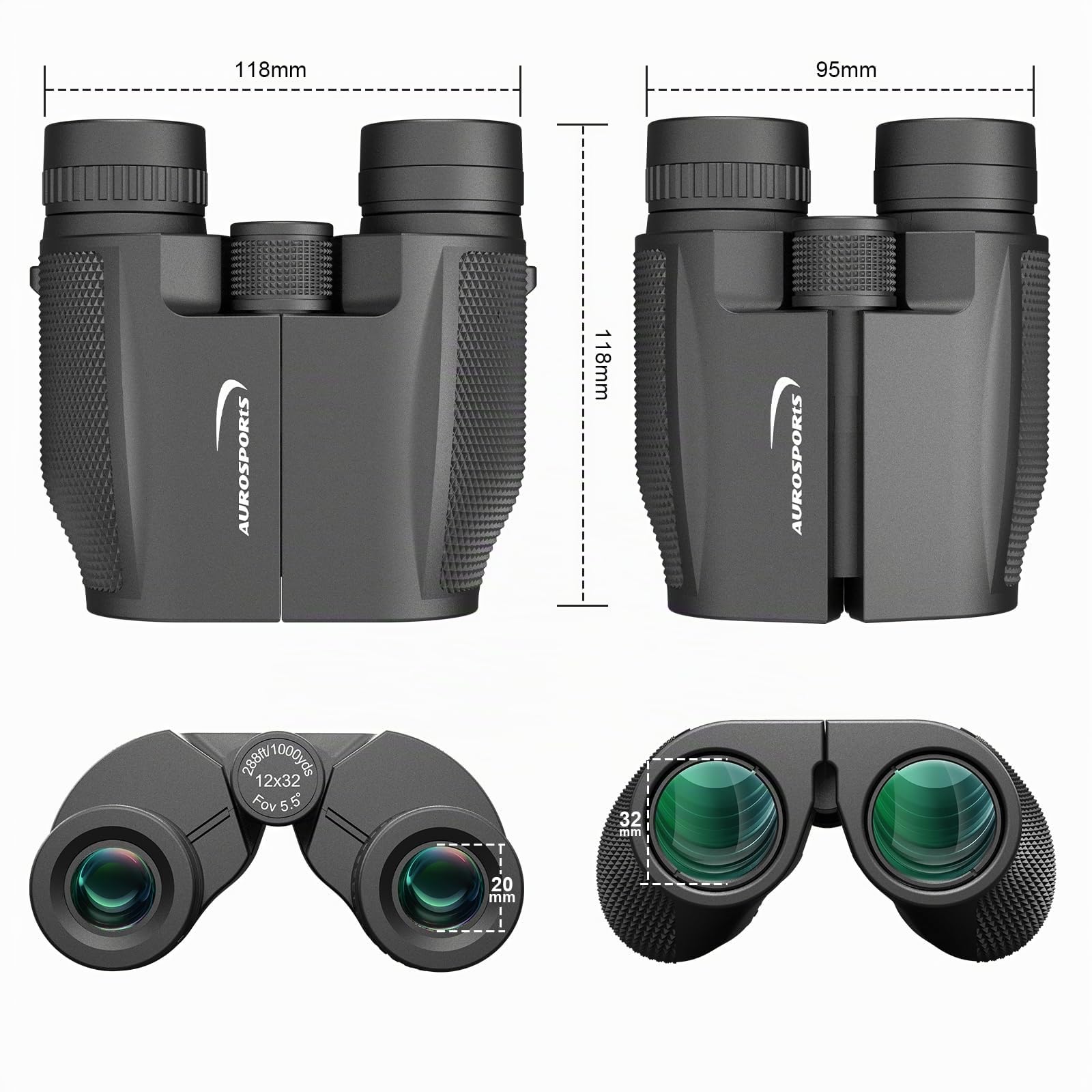 Aurosports Jumelles 12 x 32 pour adultes et petits enfants - Compacts et haute définition jumeau idéaux pour l'observation des oiseaux, les voyages et la chasse