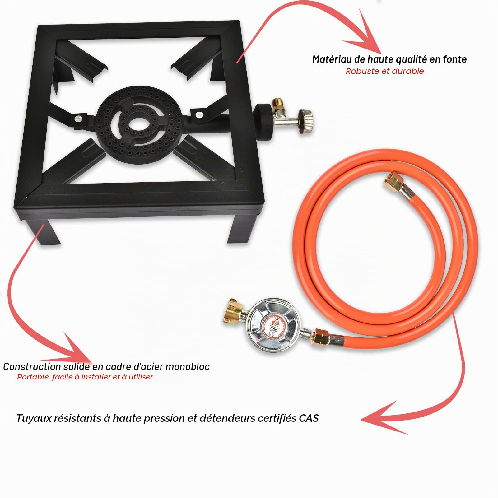 Réchaud à gaz portable Brûleur à gaz 4 pieds 6 kW avec tuyau de 1,5 m certifié CAS et réducteur de pression de 50 bar pour l'extérieur, le camping