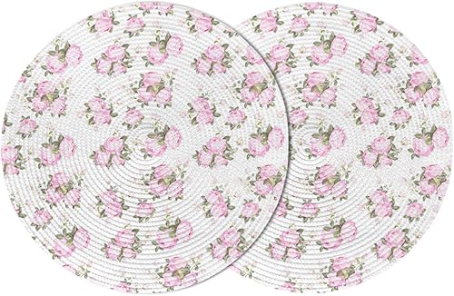 Set of 2 Placemats for Dining Table, Watercolor Plants Pink Flowers Floral Leaves 15 Inch Decorative Round Braided Place Mat for Kitchen Living Room
