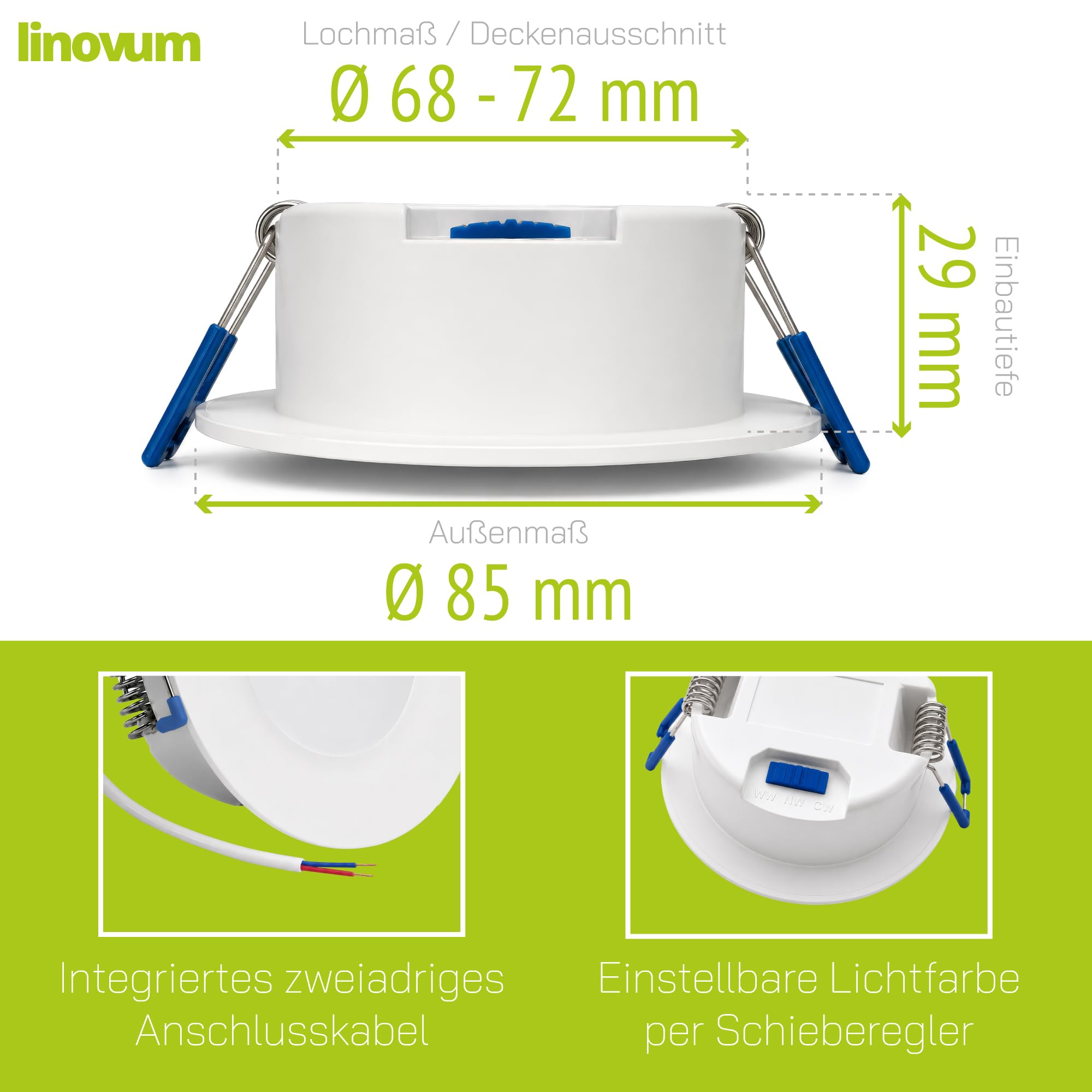 linovum 10x WEEVO LED Einbauspot IP44 230V - LumiFLEX 6W 3 Lichtfarben dimmbar - flacher Deckenstrahler für Bad und geschützte Außenbereiche