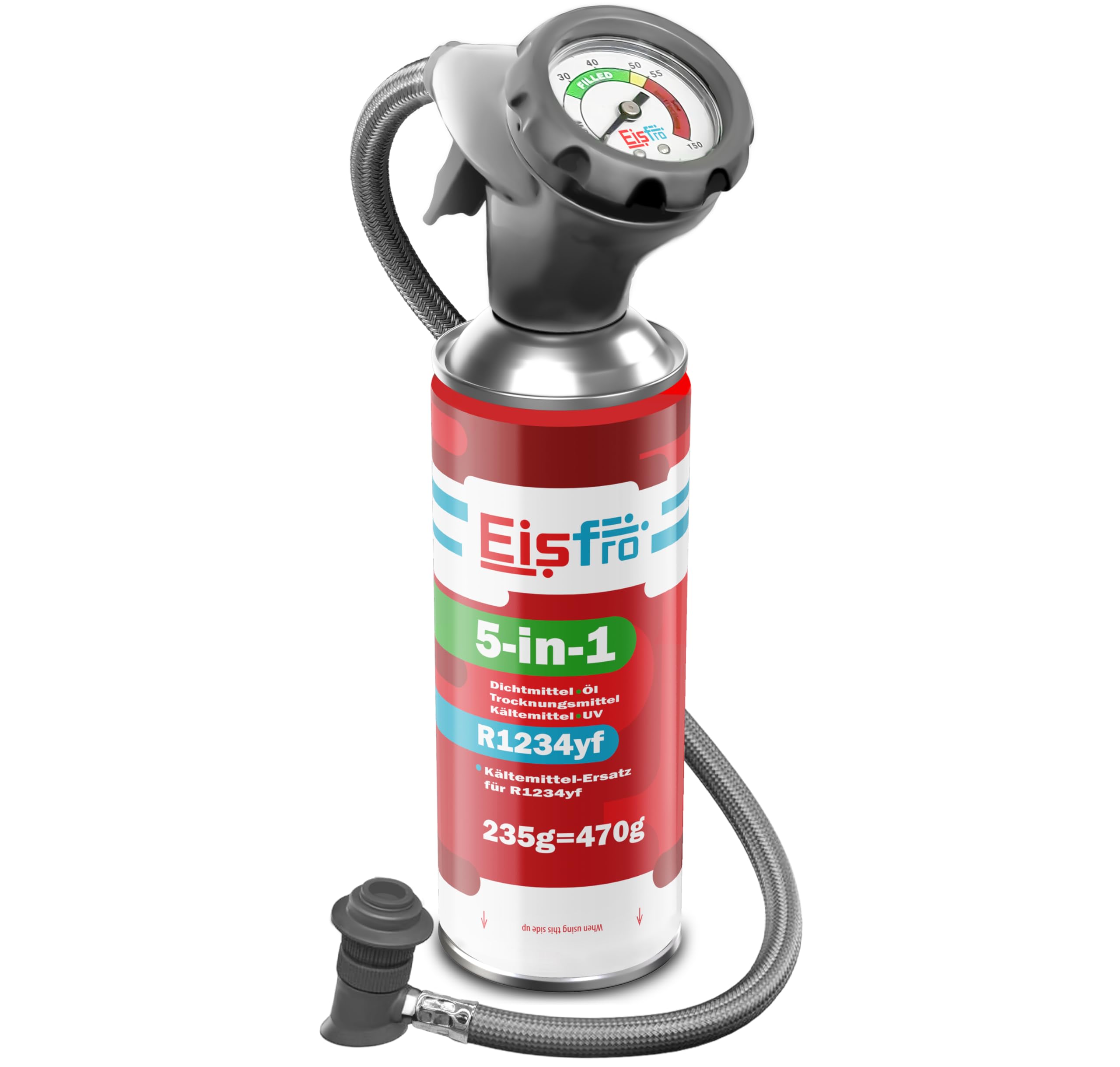 Kit di ricarica climatizzatore R1234yf – Refrigerante 5-in-1 XL + olio, additivo sigillante, colorante UV, agente disidratante + gas di ricarica R1234yf 235 g, tubo flessibile e adattatore YF