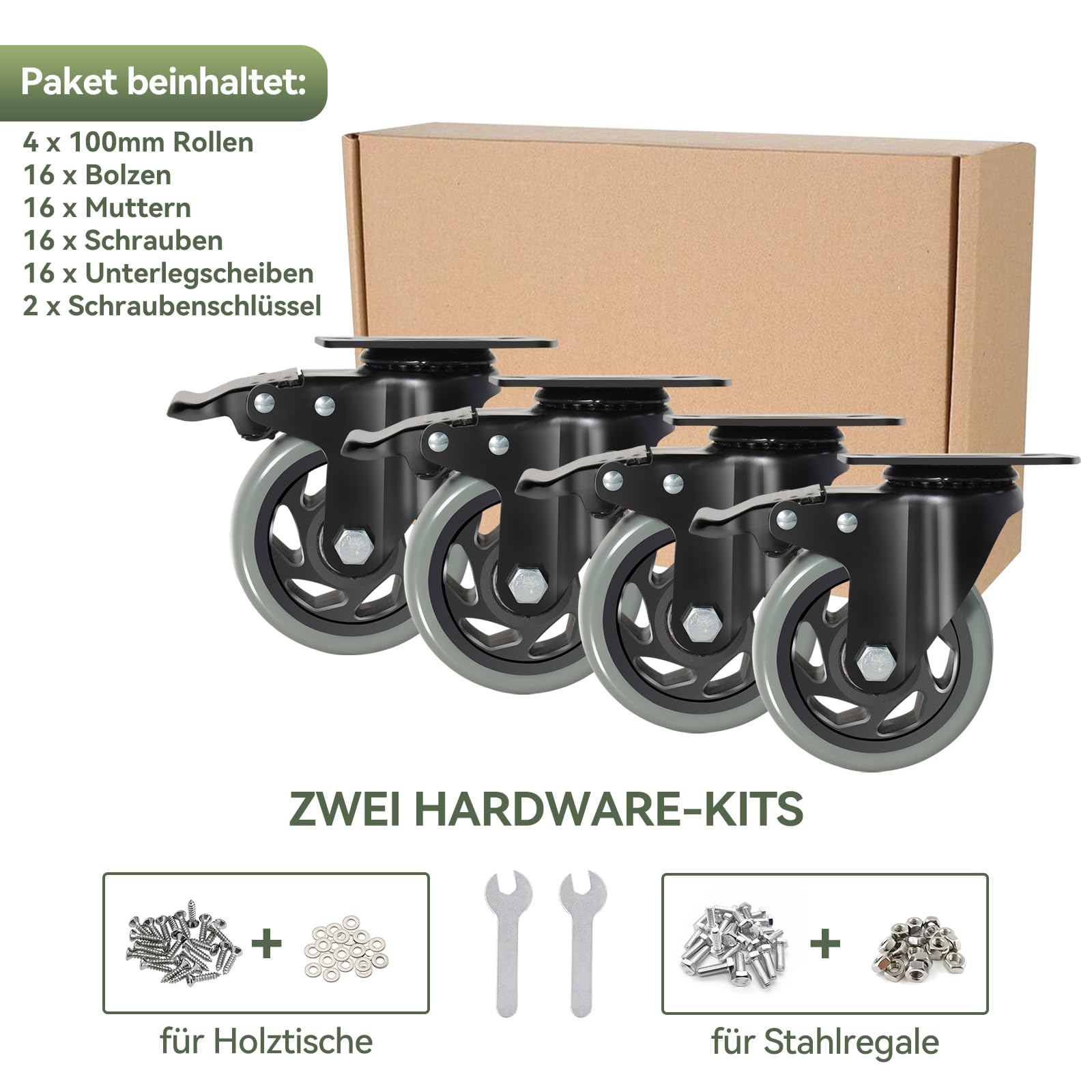 100mm Graue Schwerlastrollen - 4er Set Lenkrollen mit Bremsen bis 600KG inkl. Montagezubehör Möbelrollen für Innen- und Außenbereich - Rollen für Möbel Multifunktionale Transportrollen