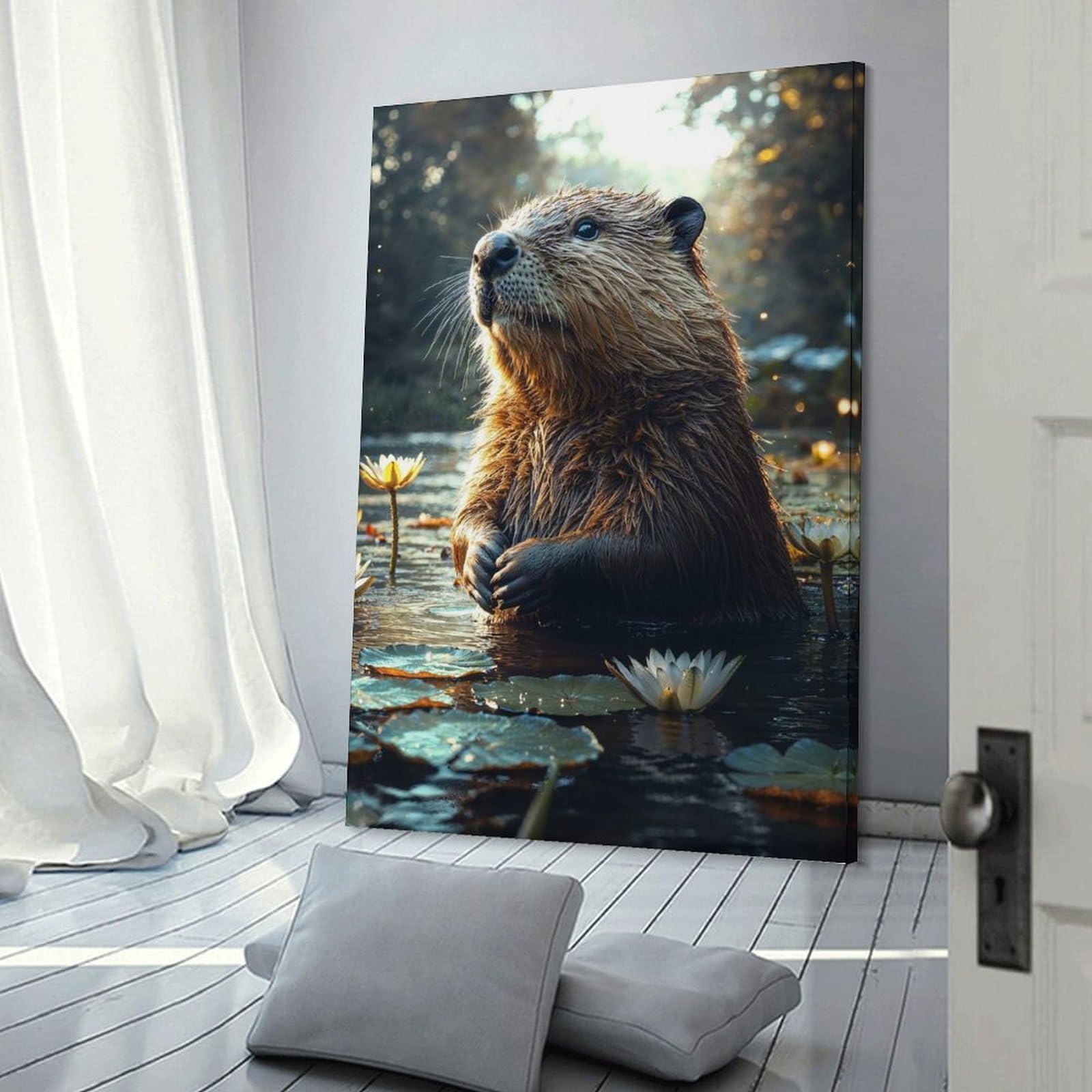Junmoney Beaver in Water Lily Pond Canvas Wall Picture 24x36inch(60x90cm), for Living Room, Bedroom Or Apartment Walls, Modern Wall Decor for Cosy Interiors