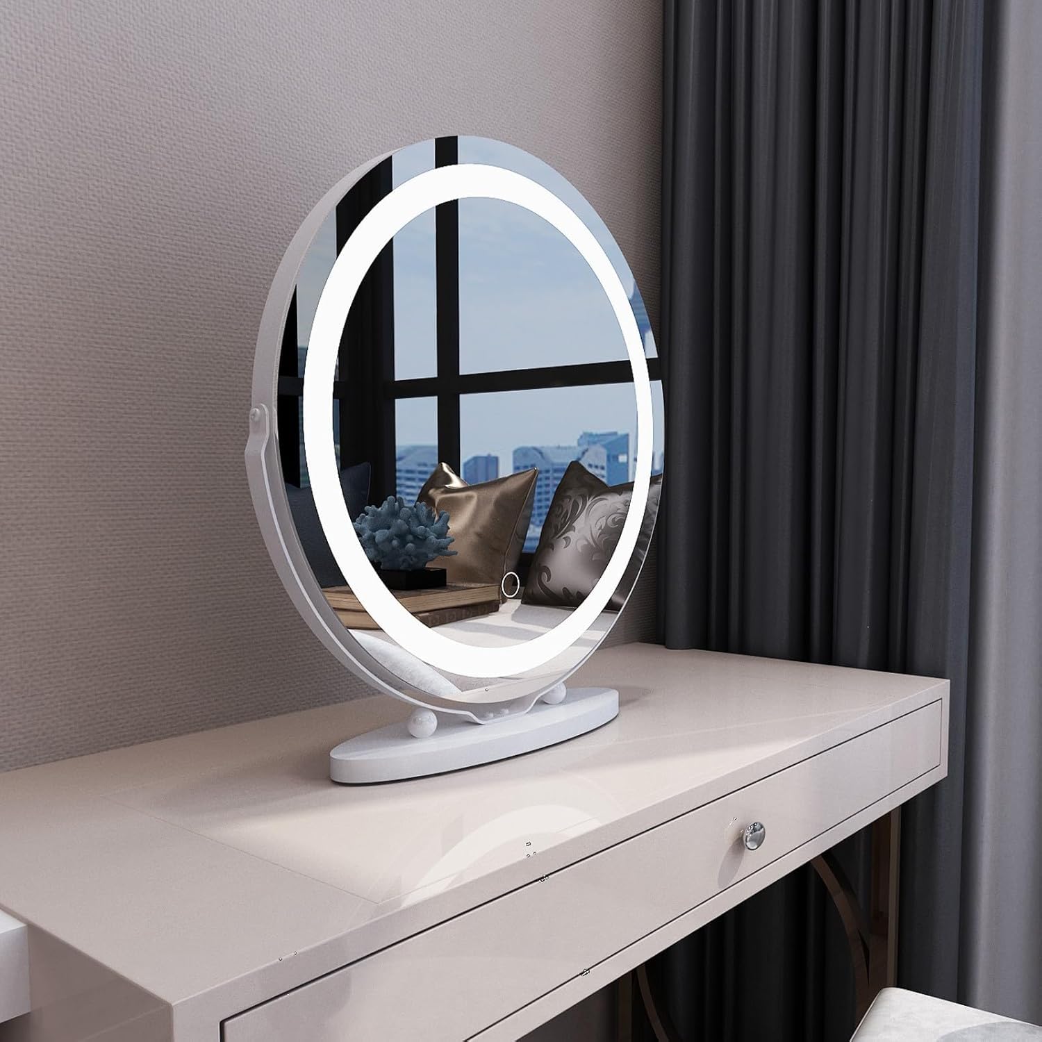 MIQU Espejo Maquillaje con Luz 50x50cm,Espejo Tocador Hollywood Redondo con LED,3 Modos de Luz,Intensidad Ajustable,Rotación de 360°,con Control Táctil,Blanco Marco de Metal,para Mesa