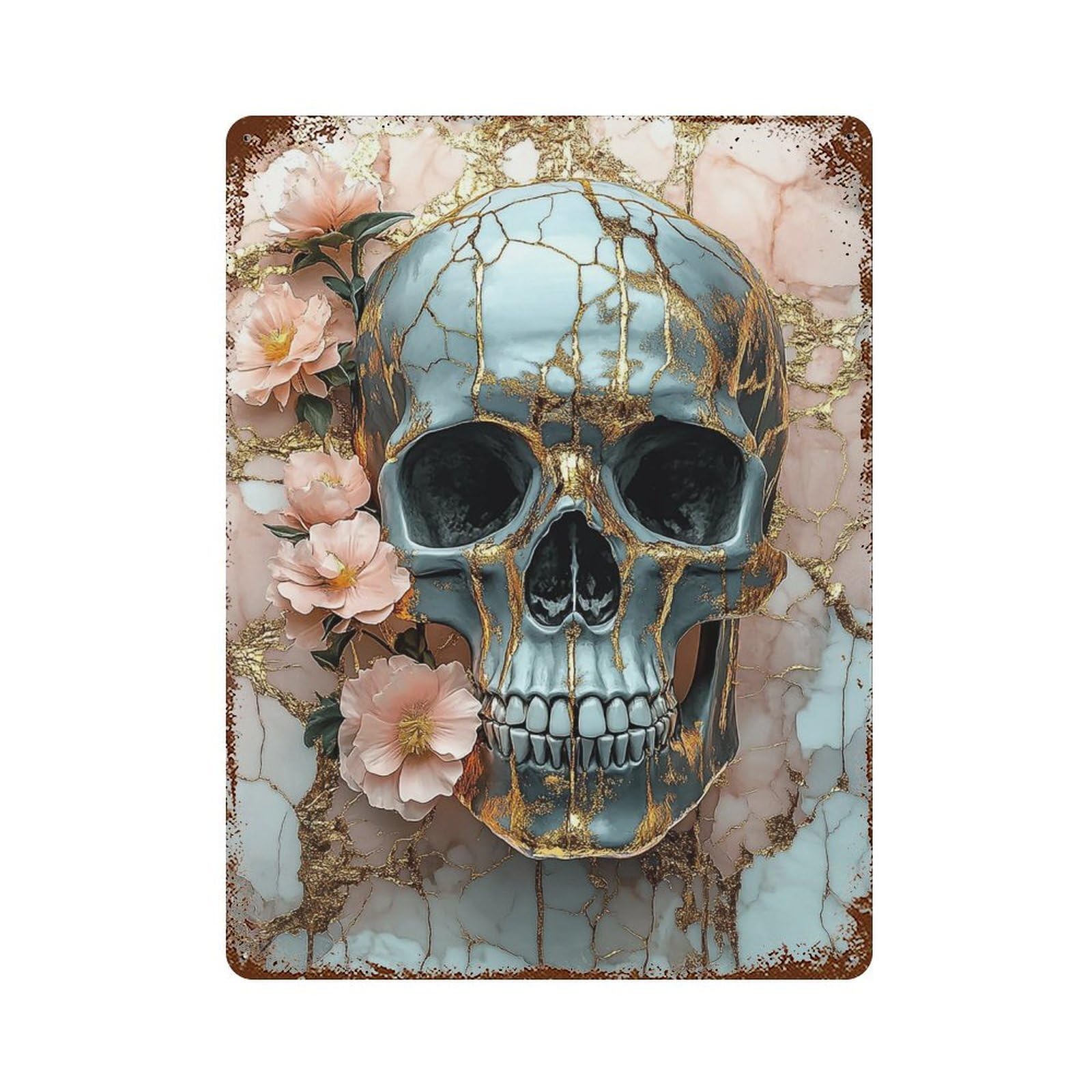 Gold Foil Skull Art Print 15.7"x11.8" Weathered Tin Sign, Shabby Chic Decor for Farmhouse, Kitchen And Entryway Decor