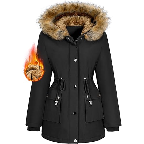 HEEKPEK Women Winter Coats Fleece Lined Parka Jackets Hooded Warm Thicken Coat With Pockets and Fur Hood Trendy Overcoat