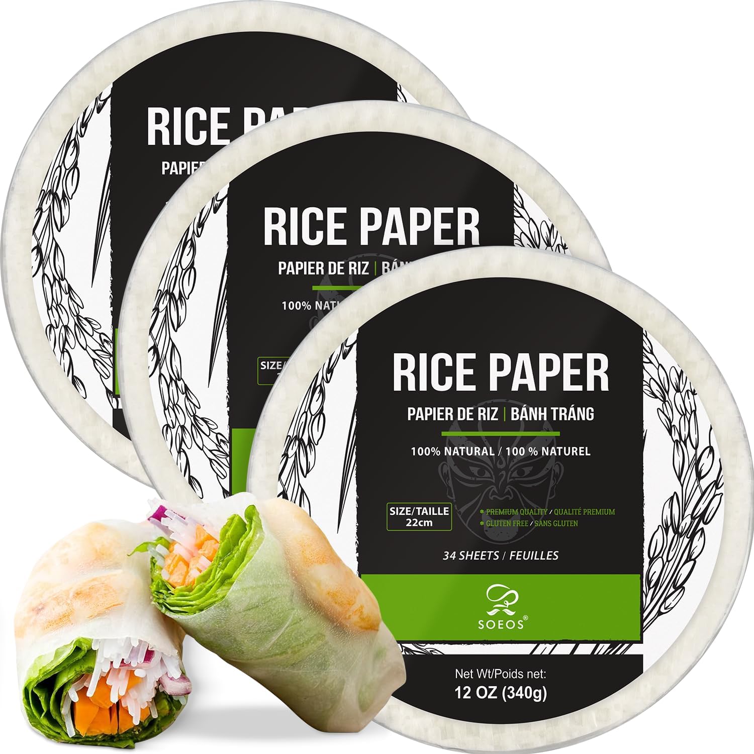 Soeos Rice Paper, White Rice Paper Wrappers, 3 Pack, 34 Sheets-Fresh Spring Roll Wrappers & Dumplings, Non-GMO, Gluten-Free, Low Carb, Vietnamese Rice Wraps (Round, 22cm)