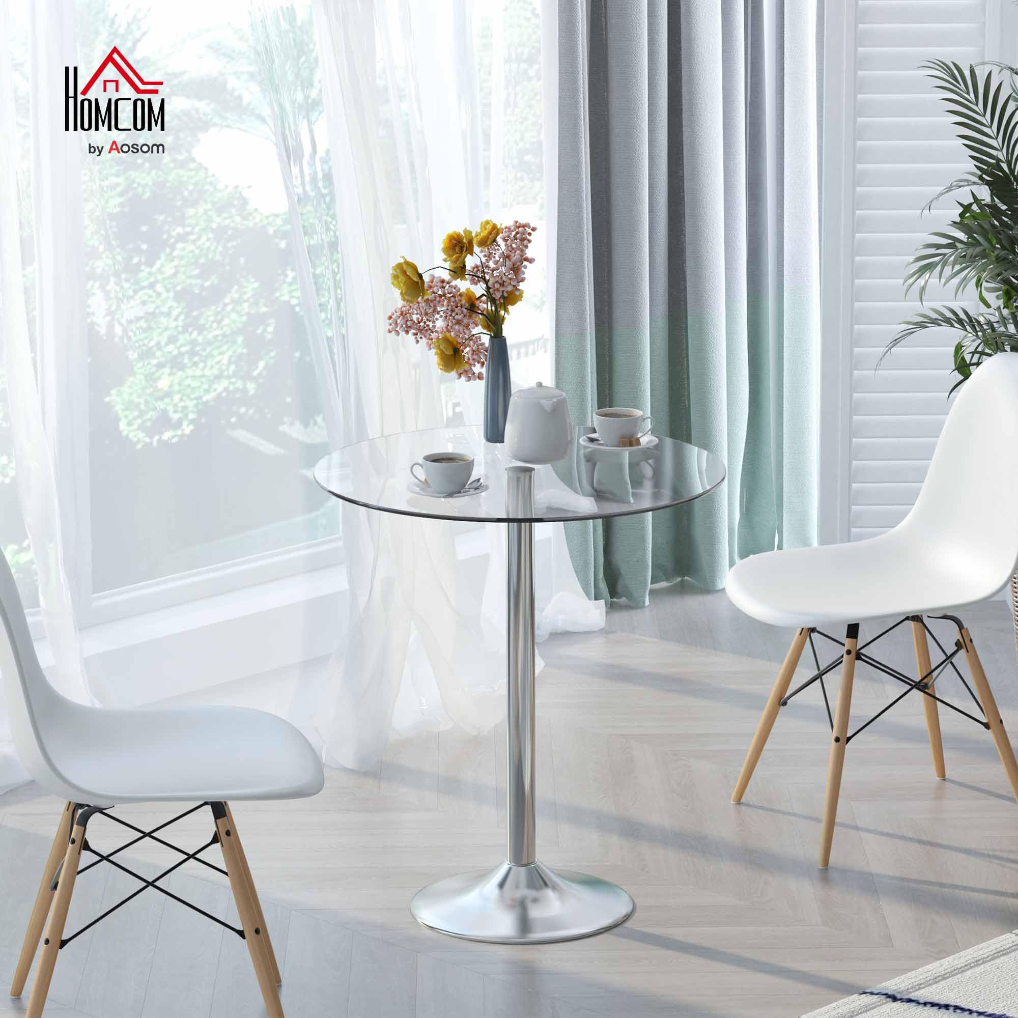 HOMCOM Mesa de Comedor Redonda para 2 Personas Ø70 cm Moderna Plateada | Mesa de Cocina, Superficie de Vidrio Templado, Base de Acero, para Salón, Comedor