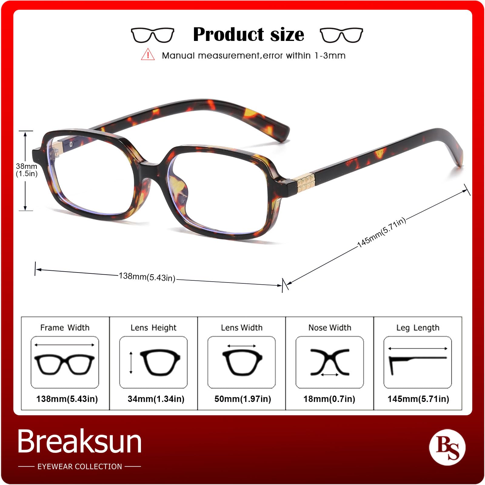 Breaksun Occhiali rettangolari retrò donna uomo occhiali quadrati piccoli blocco luce blu lenti vintage tartaruga marrone MM